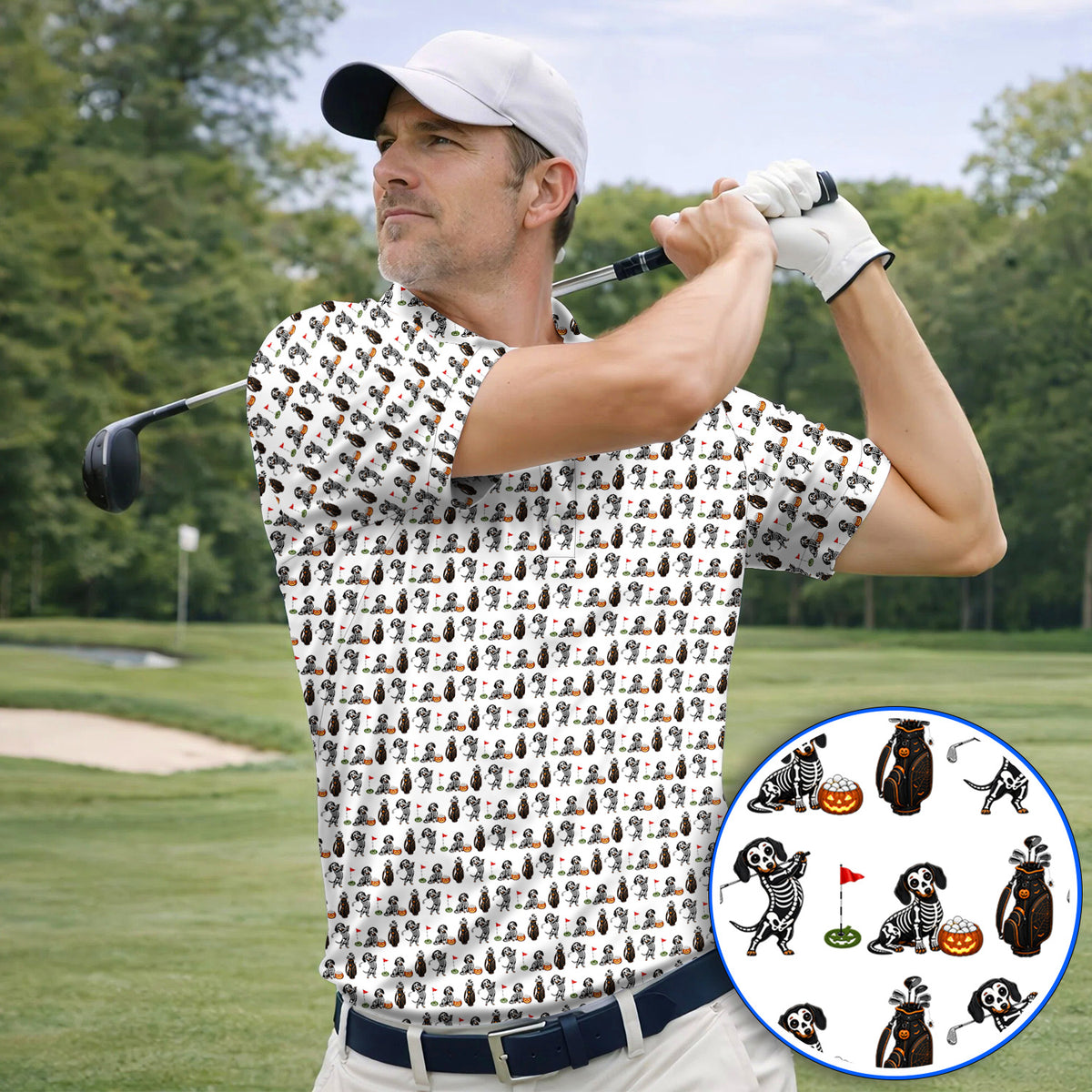 Halloween Dachshund Golf Polos, Skeleton Wiener Dog Pattern Golf Shirt, Funny Golf Gift for Golfer