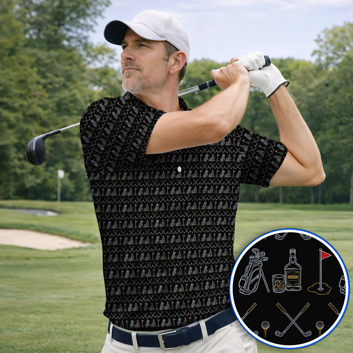 Bourbon Golf Shirt, Whiskey & Golf Club Pattern Polos, Classic Gift For Bourbon Loving Golfers
