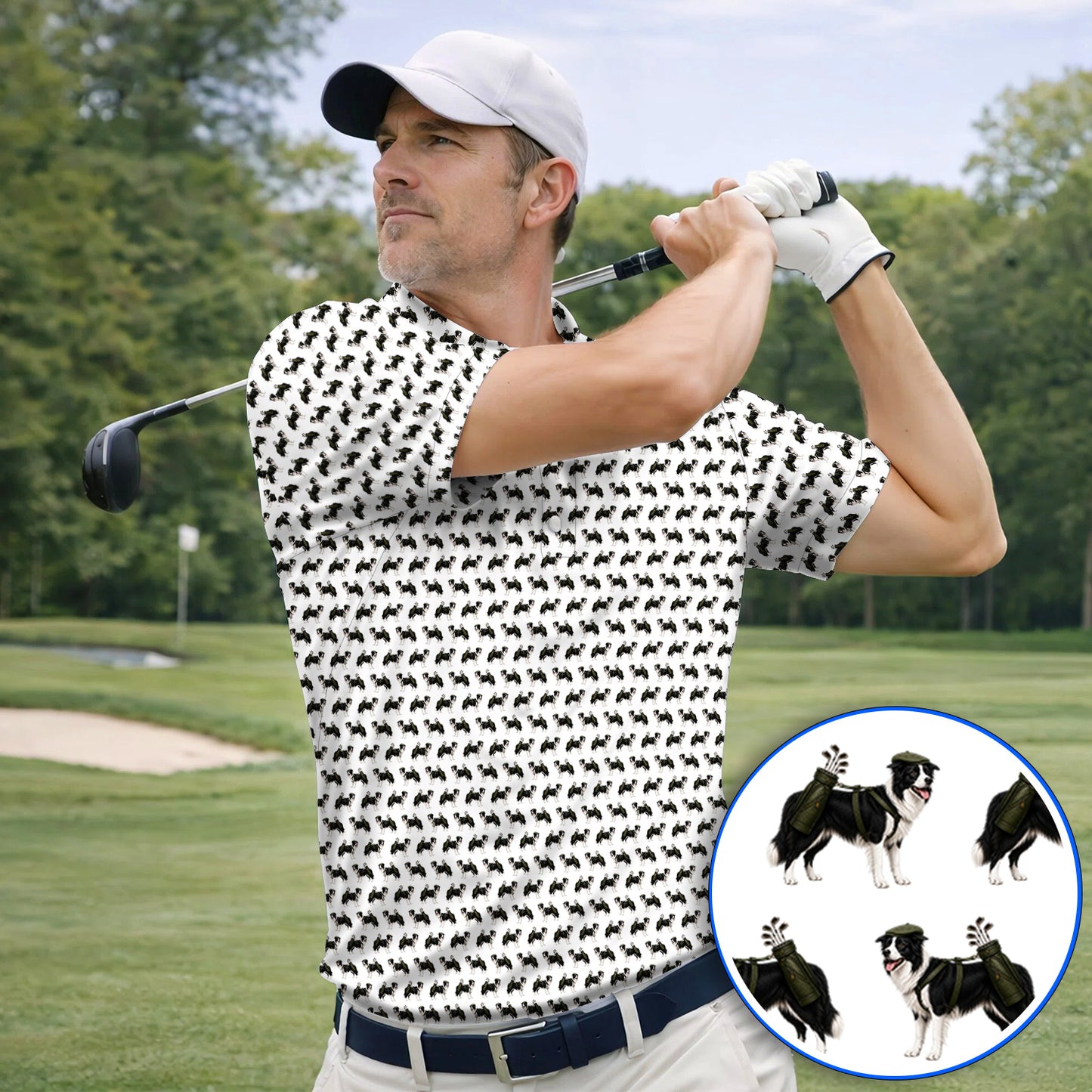 Funny Border Collie Golf Polos, Border Collie Pattern Golf Shirt for Golfer, Dog Lovers Golf Gift