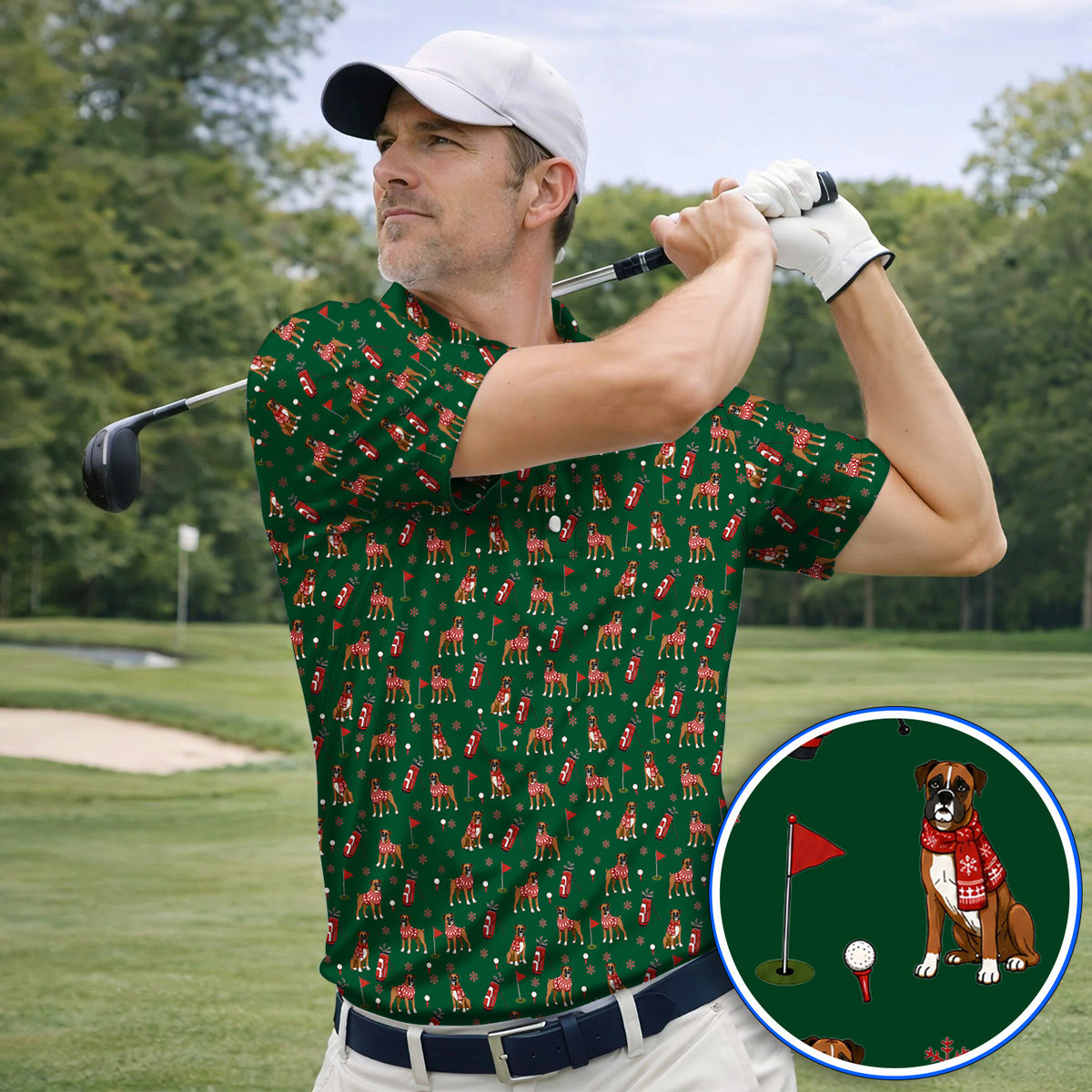 Boxer Christmas Golf Polos, Holiday Dog Pattern Golf Shirt, Festive Golf Gift for Golfers