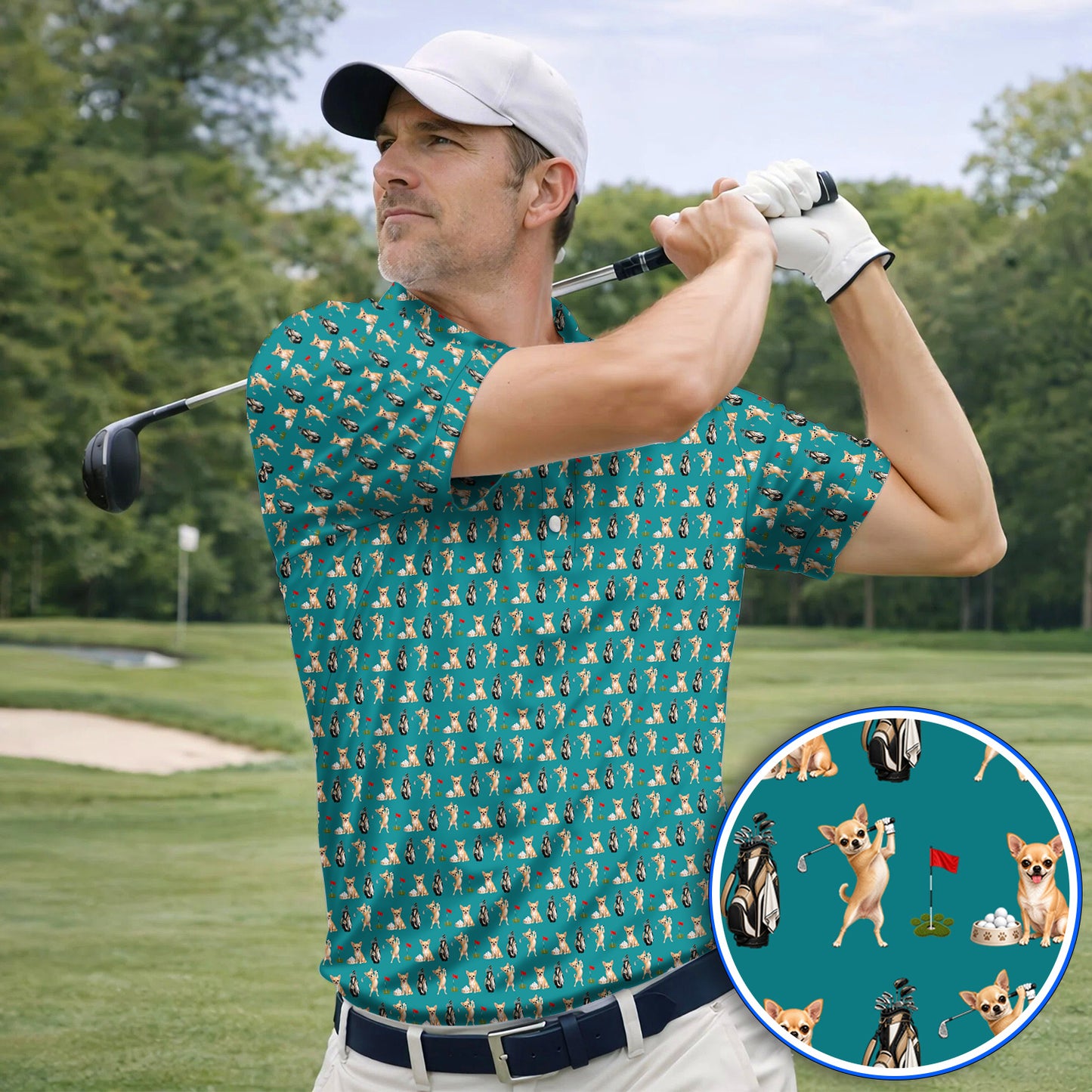 Chihuahua Golf Shirt, Cute Chihuahua Golf Pattern Polos for Dog Lovers, Funny Golf Gift For Golfer