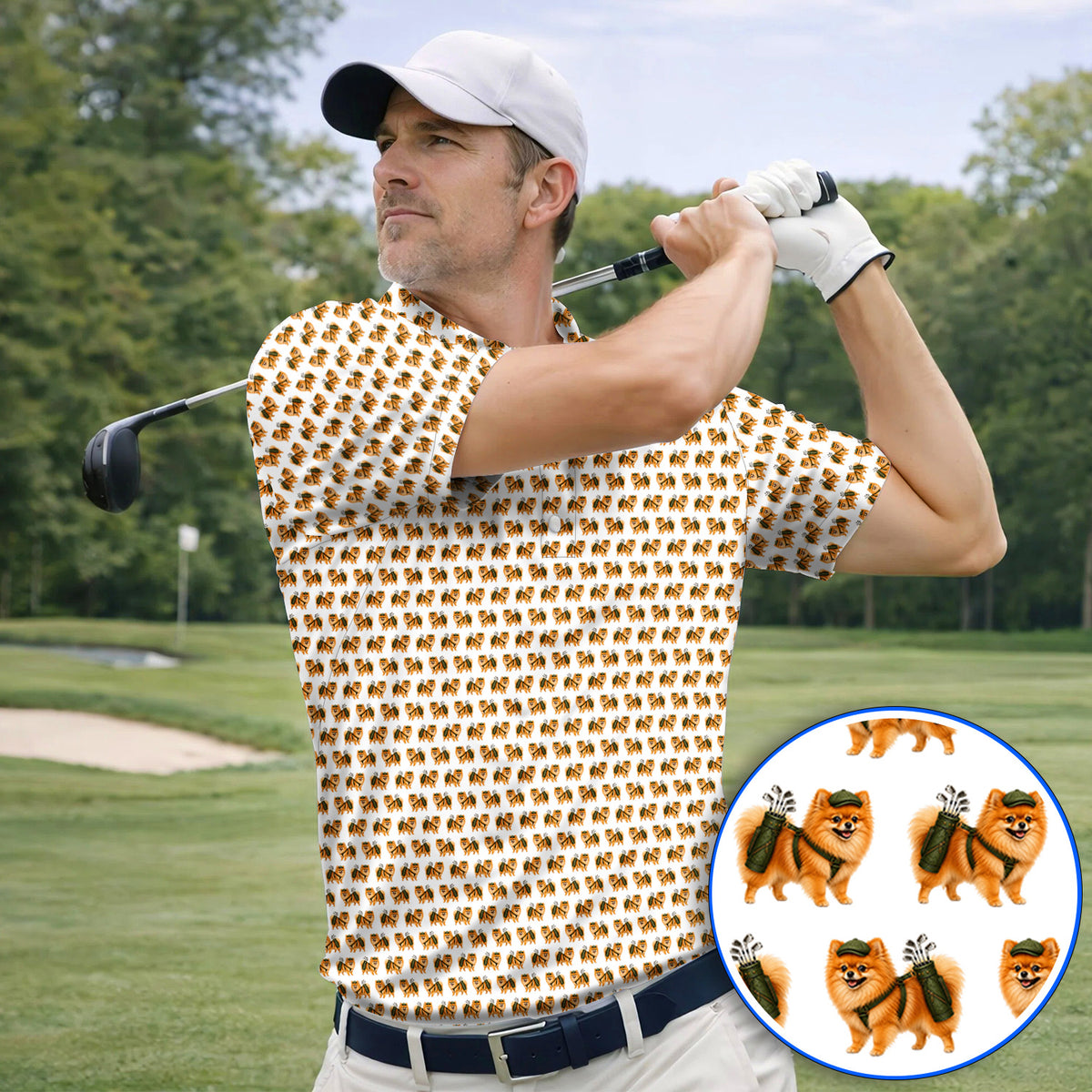 Golden Pomeranian Pattern Golf Polos, Cute Pomeranian Dog Golf Shirt, Funny Golf Gift For Golfer