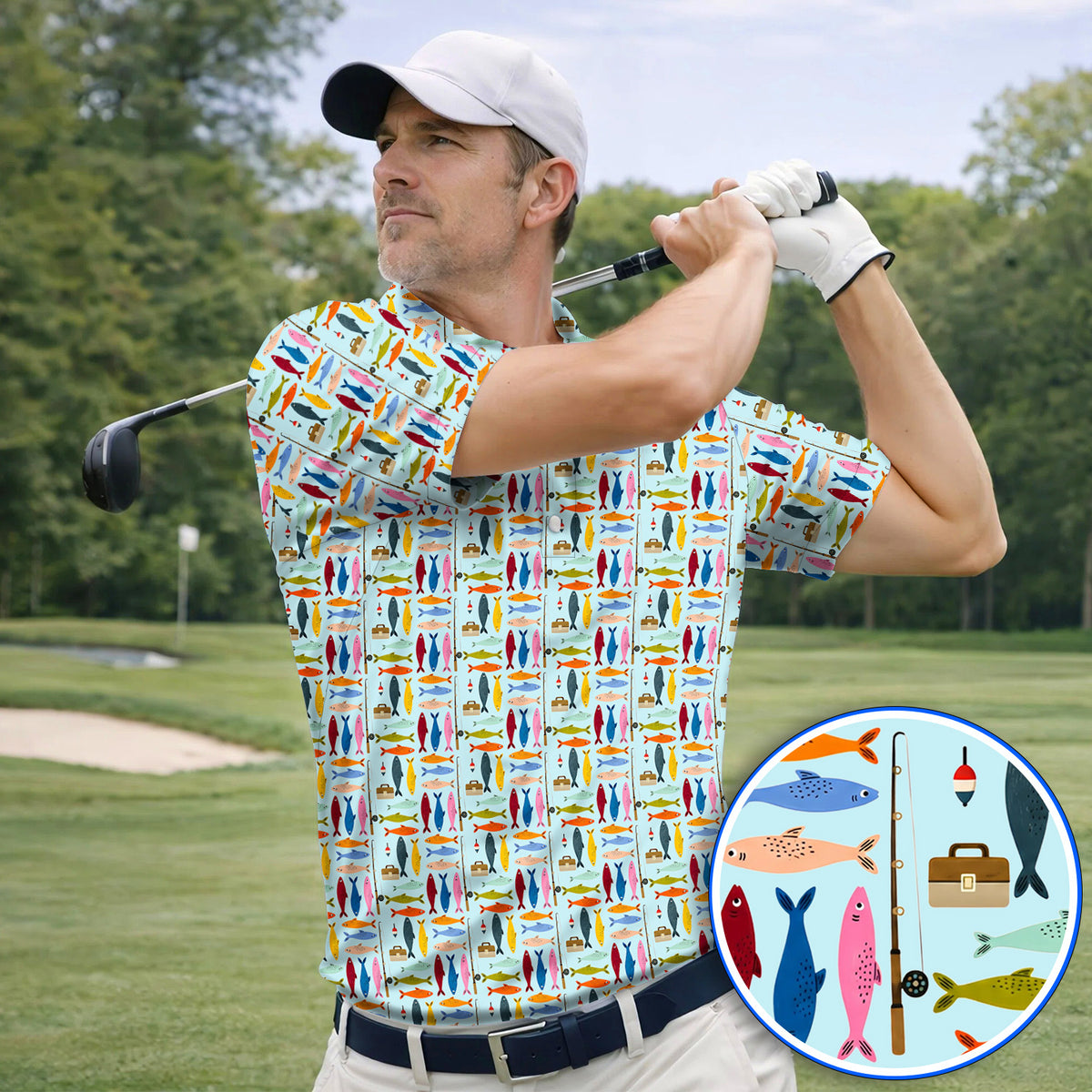 Colorful Fish Pattern Golf Polos, Fishing Rod Pattern Golf Polos, Crazy Golf Gift For Anglers and Fishermen
