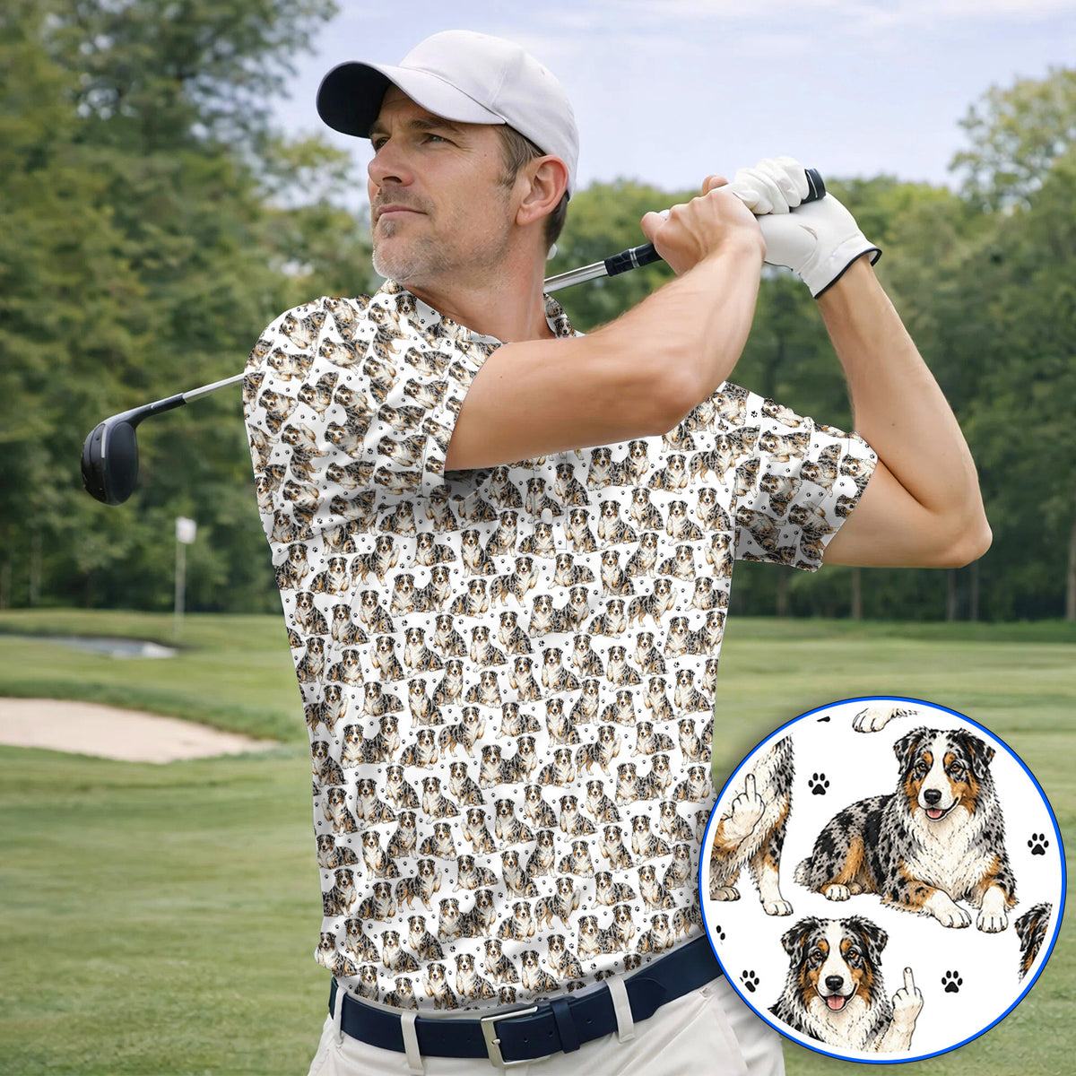 Australian Shepherd Golf Polos, Funny Blue Merle Aussie Pattern Golf Shirt, Golf Gift For Golfer