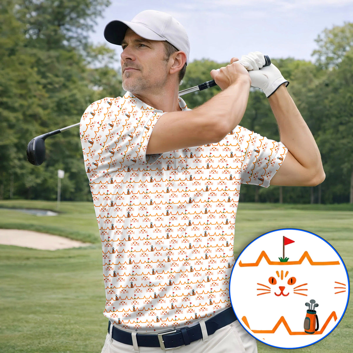 Cat Lover Golf Shirt, Turquoise Cat Face & Golf Bag Pattern Golf Polos, Funny Kitty Golf Gift for Golfers