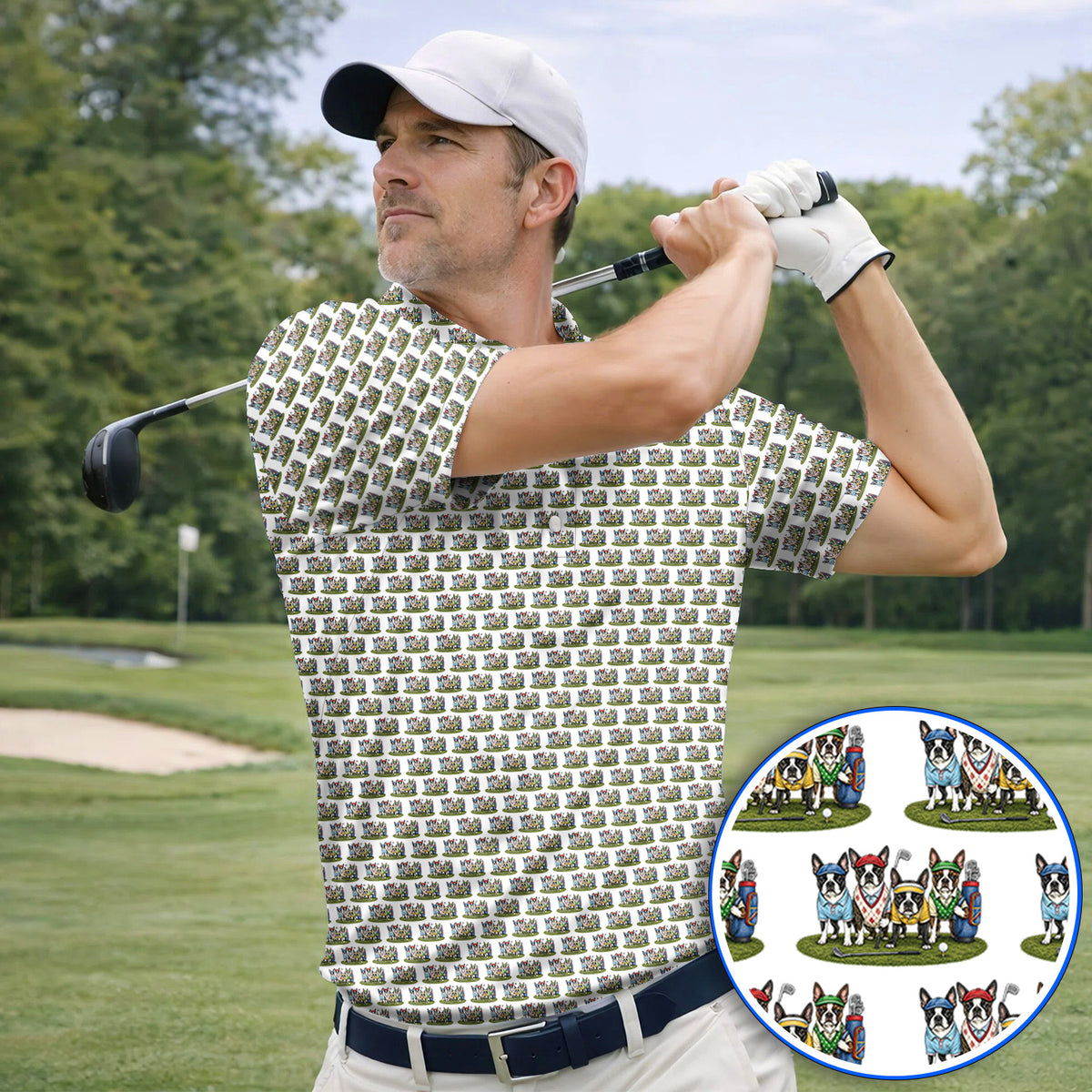 Boston Terrier Golf Pattern Polos, Funny Golfing Boston Terrier Shirt, Dog Lover Golf Gift
