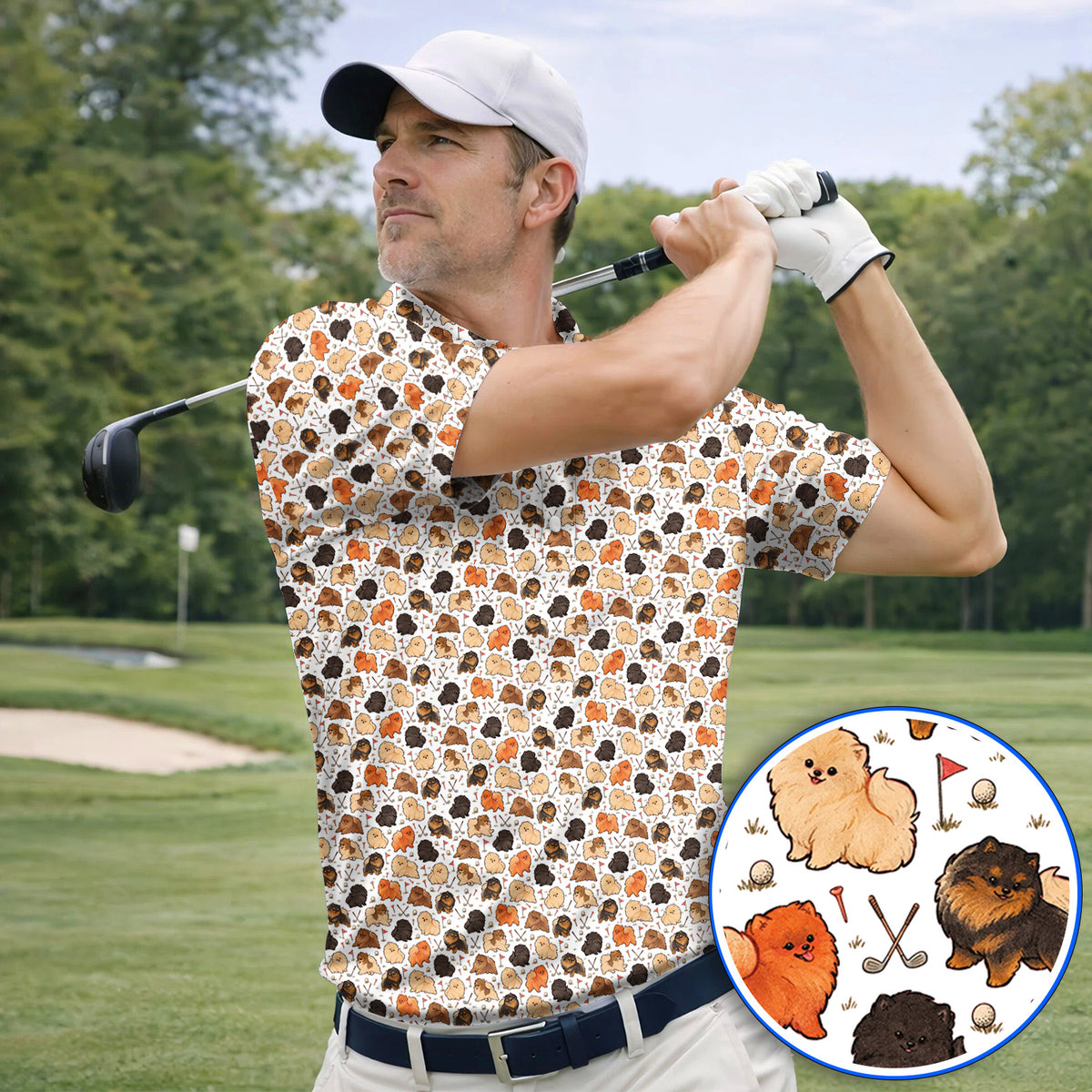 Funny Pomeranian Golf Polos, Pom Dog & Golf Pattern Shirt, Golf Gift For Golfer