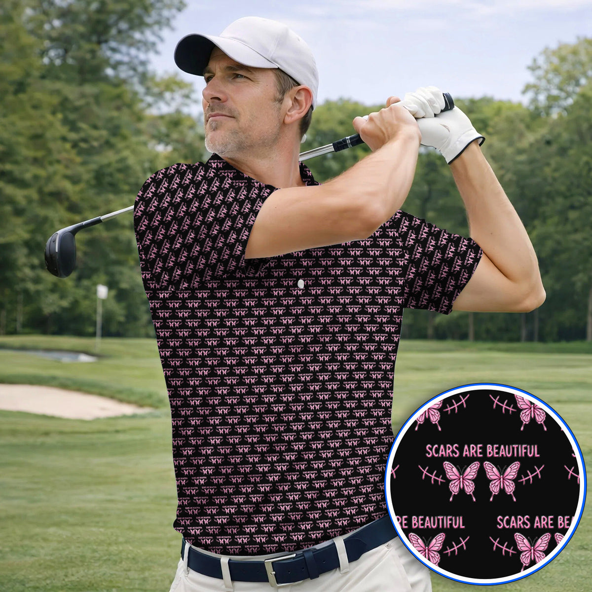 Scars Are Beautiful Breast Cancer Awareness Golf Polos, Pink Butterfly Survivor Pattern Shirt, Inspirational Golf Gift for Golfer