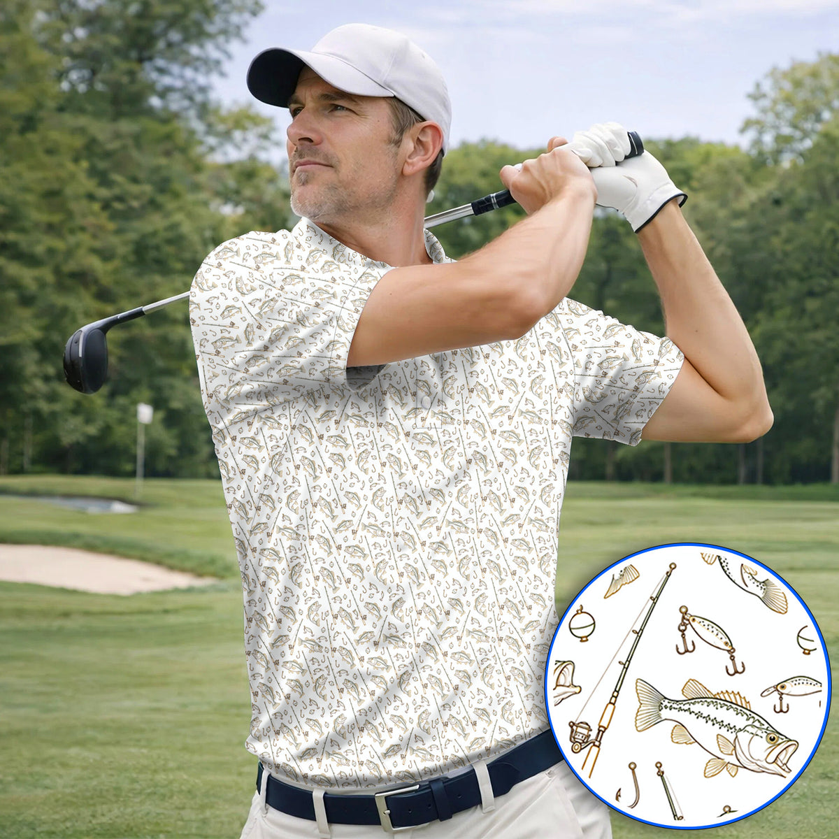 Vintage Bass Fishing Golf Polos, Fishing Lure & Rod Patterm Golf Shirt, Golf Apparel Gift For Golfer