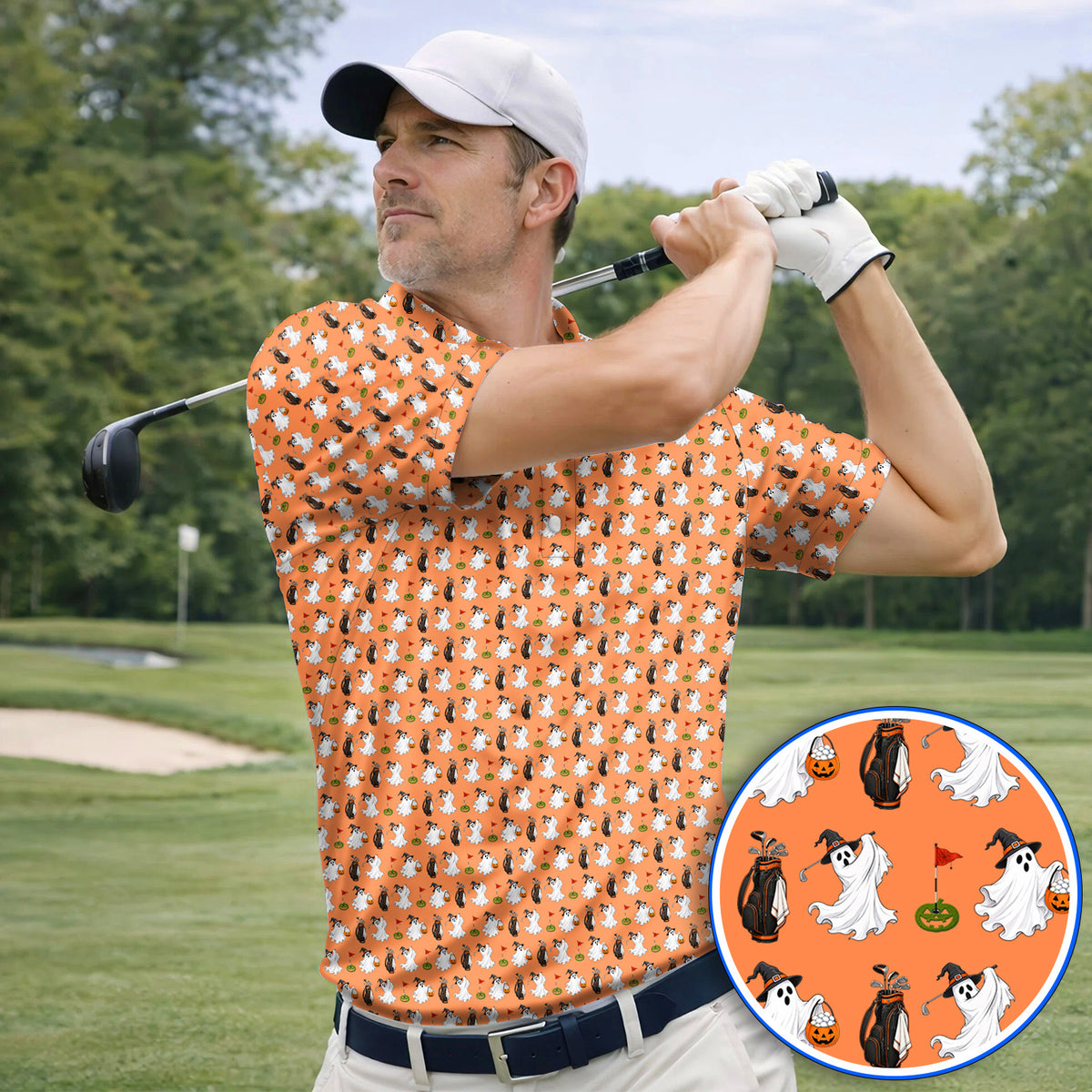 Cute Ghost Golf Polos, Halloween Pattern Golf Shirt, Trick or Treat Golf Gift For Golfer