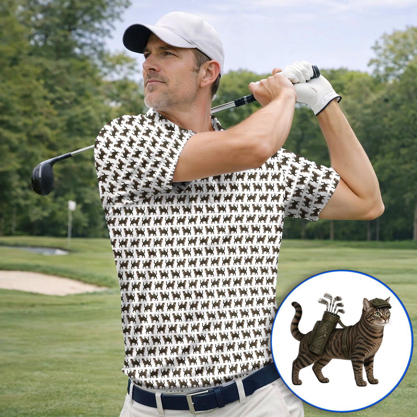 Brown Tabby Cat Golf Polos, Funny Cat Pattern Shirt, Cat Lover Golf Gift For Golfer