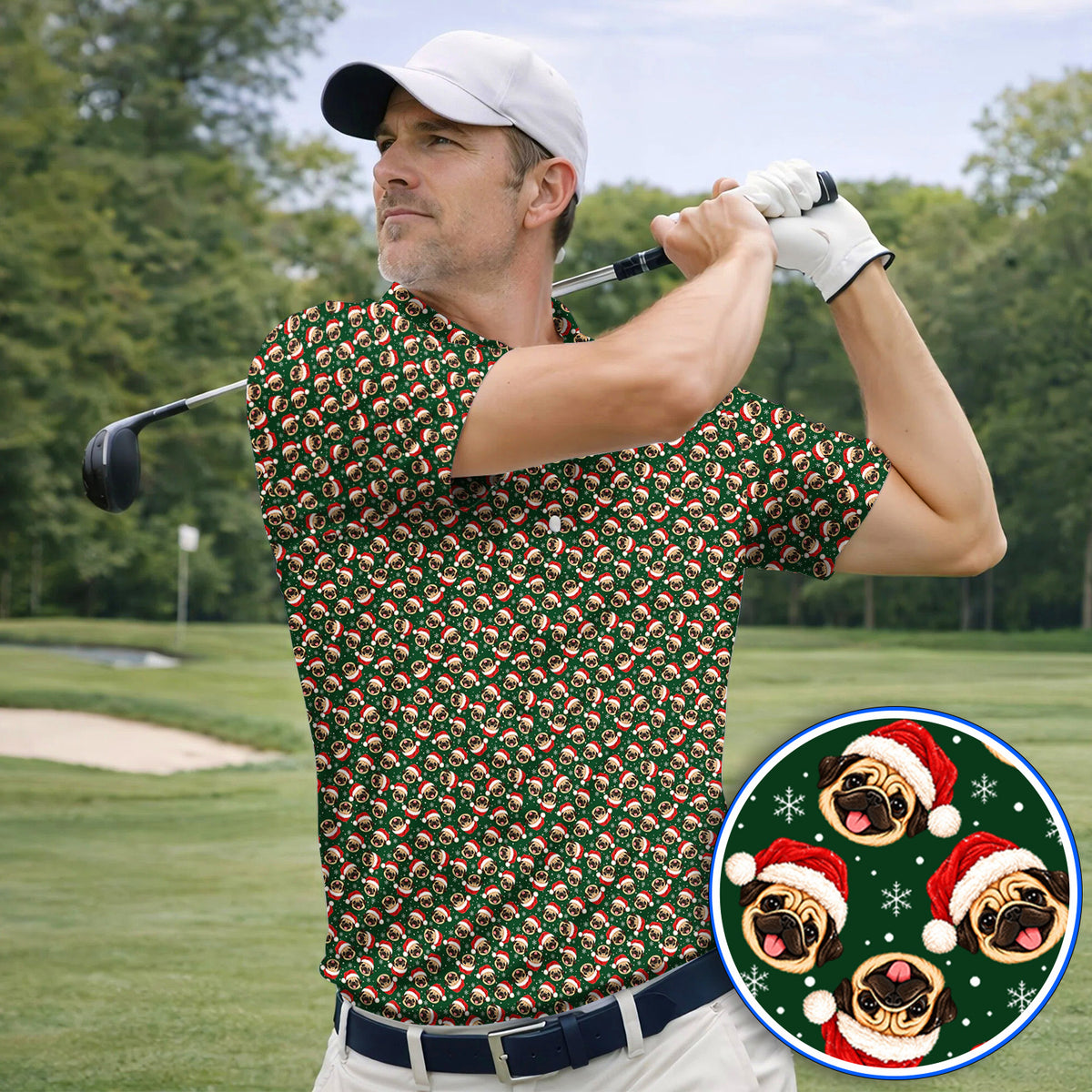 Funny Christmas Pug Golf Polos, Pug Pattern Golf Shirt For Dog Lovers, Xmas Golf Gift For Golfers