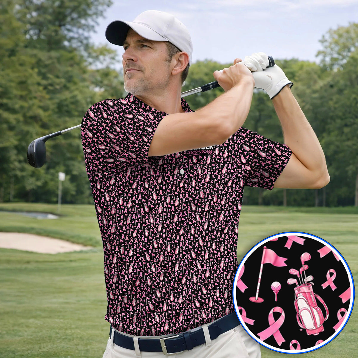 Breast Cancer Awareness Golf Polos, Pink Ribbon Golf Bag Pattern Shirt, October Golf Gift for Golfer