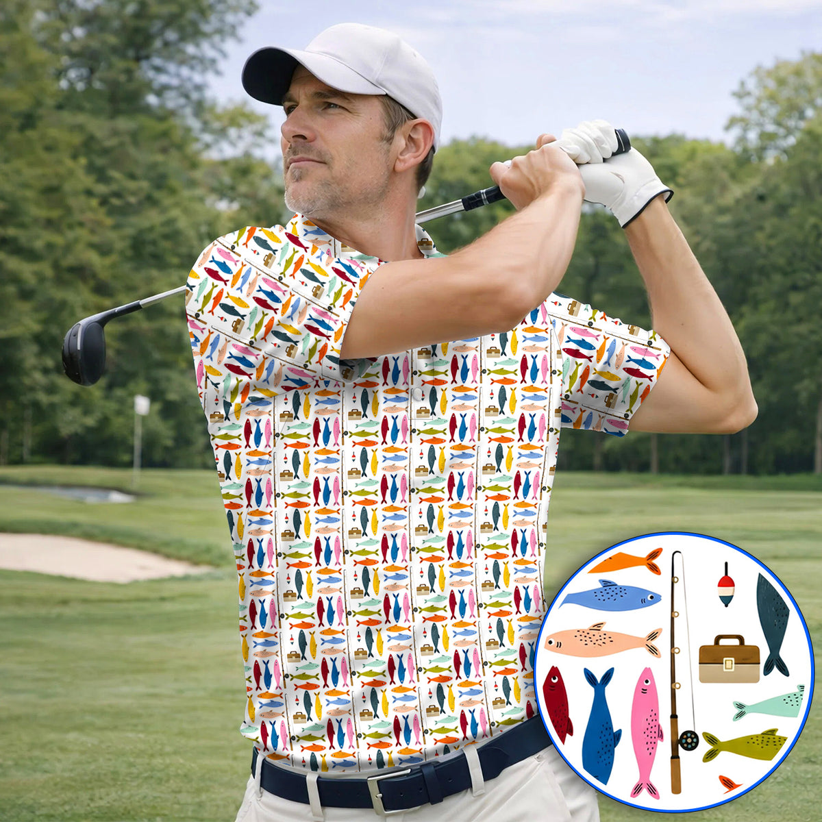 Colorful Fish Pattern Golf Polos, Fishing Rod Pattern Golf Polos, Crazy Golf Gift For Anglers and Fishermen