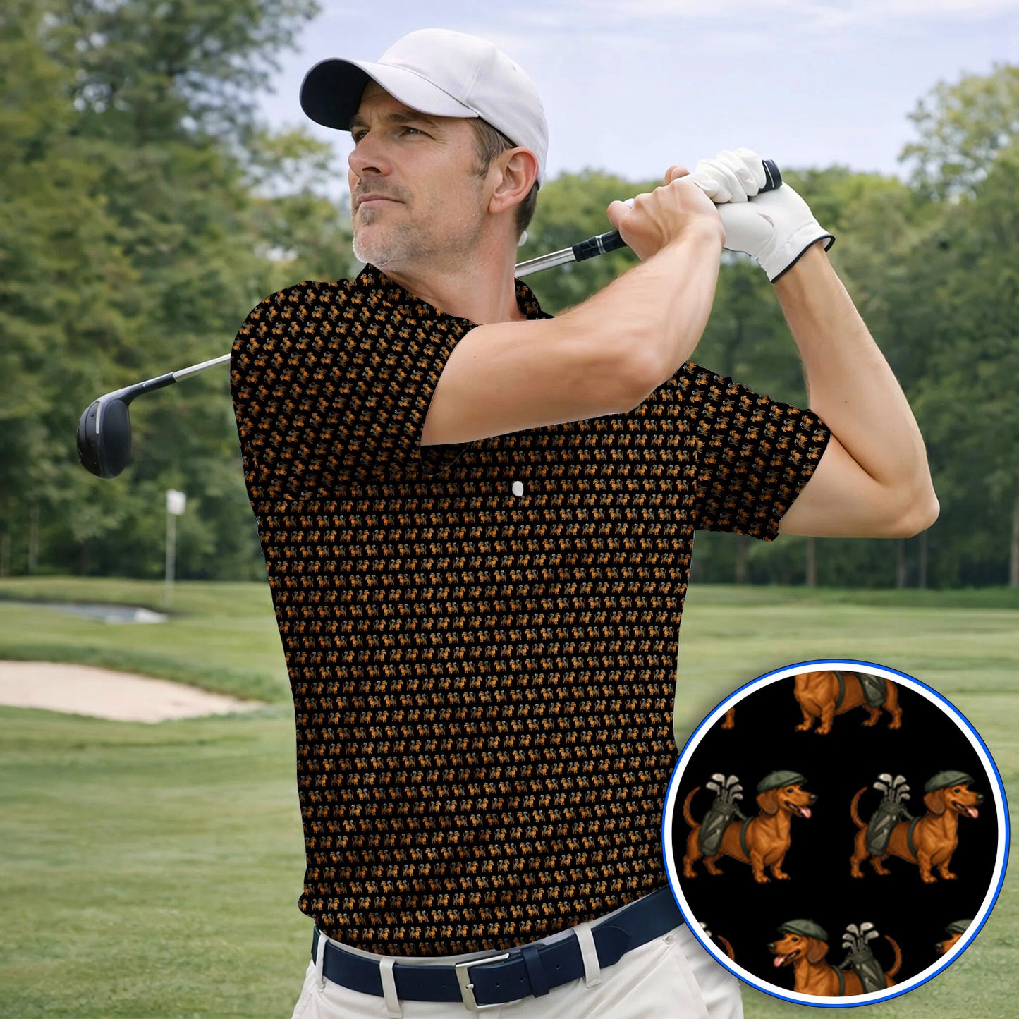 Funny Dachshund Pattern Golf Polos, Crazy Wiener Dog Golf Shirt For Men, Golf Shirt For Golfer