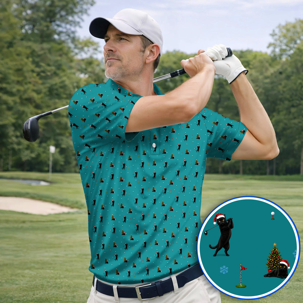 Black Cat Christmas Golf Shirt, Funny Cat Pattern Golf Polos, Xmas Golf Gift for Golfers