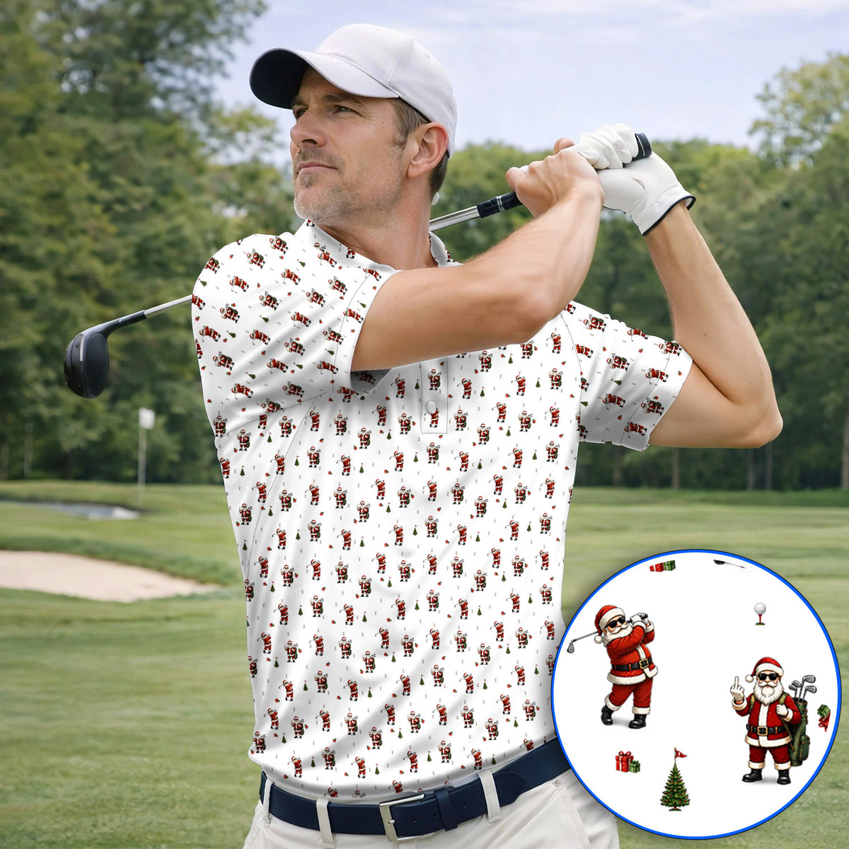 Funny Santa Pattern Golf Shirt, Xmas Golf Shirt For Golfers, Christmas Golf Gift For Holiday