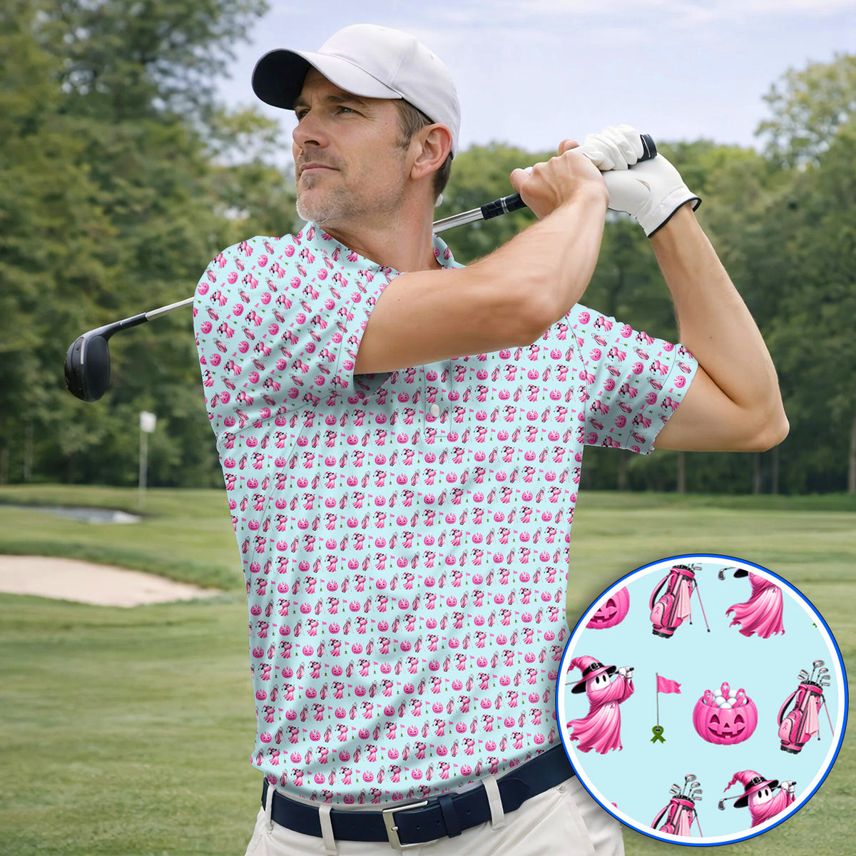 Pink Pumpkin Swing Breast Cancer Awareness Golf Shirt, Halloween Golf & Pink Ribbon Pattern Polos, October Golf Gift For Golfer