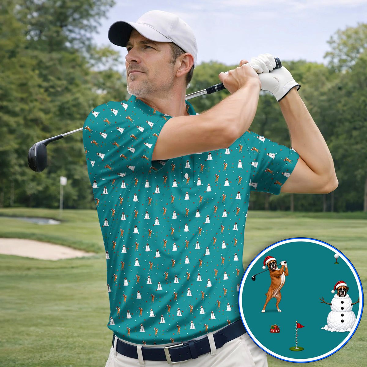 Boxer Christmas Golf Shirt, Funny Boxer Pattern Golf Polos, Holiday Golf Gift for Dog Lovers
