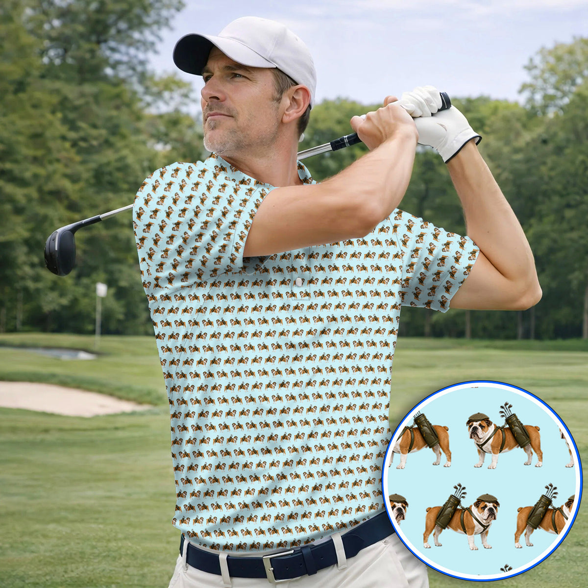 Bulldog Pattern Golf Shirt, English Bulldog Golf Polos, Funny Golf Gift For Golfer