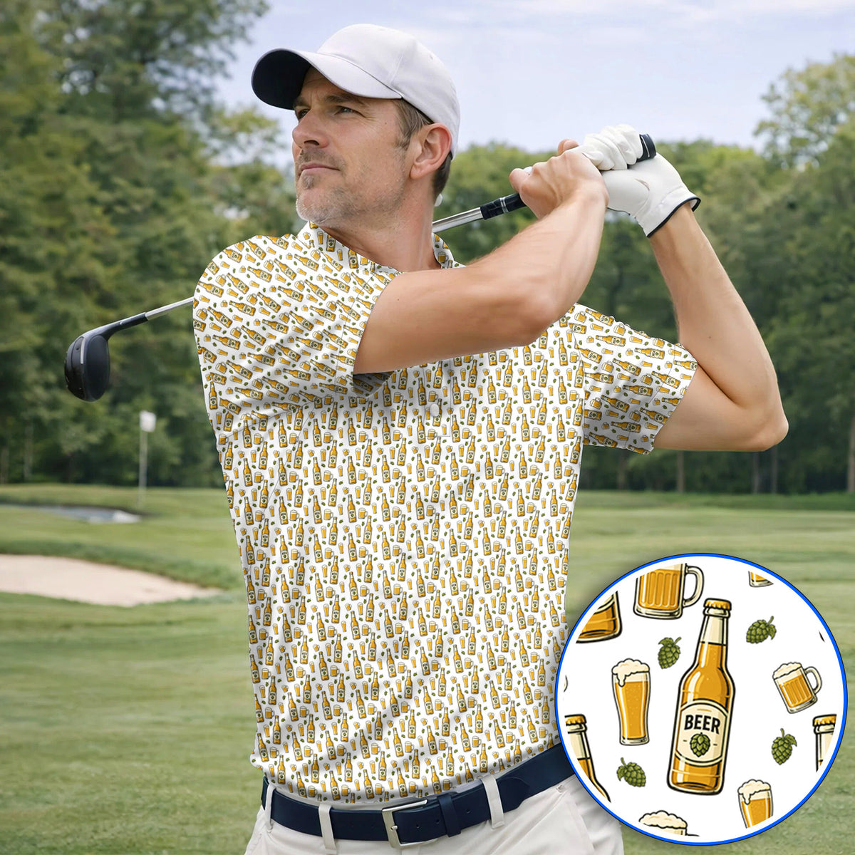 Beer Pattern Golf Shirt, Funny Beer Golf Polos, Golf Gift For Beer Lovers
