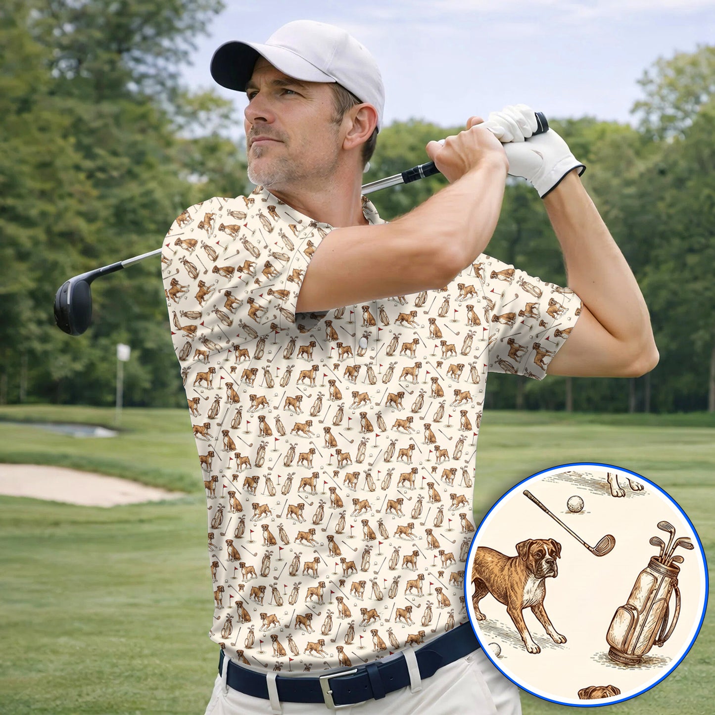 Boxer Autumn Golf Polos, Boxer Pattern Golf Shirt for Dog Lovers, Crazy Golf Gift for Golfers