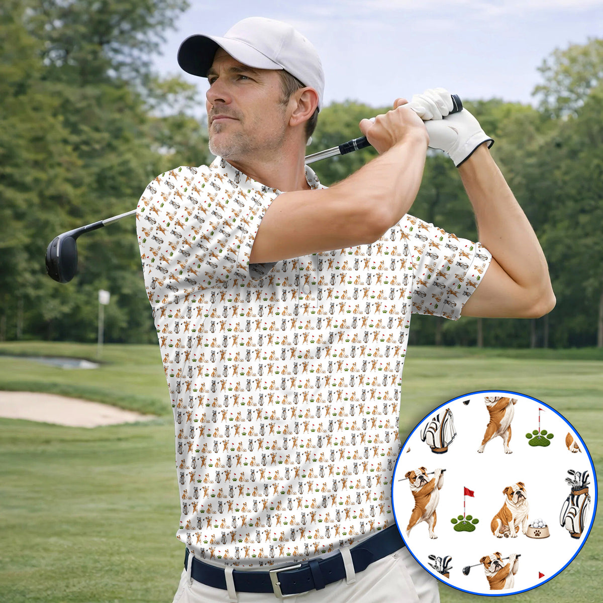 Bulldog Golf Pattern Polos, English Bulldog Golf Shirt, Funny Dog Golf Gift