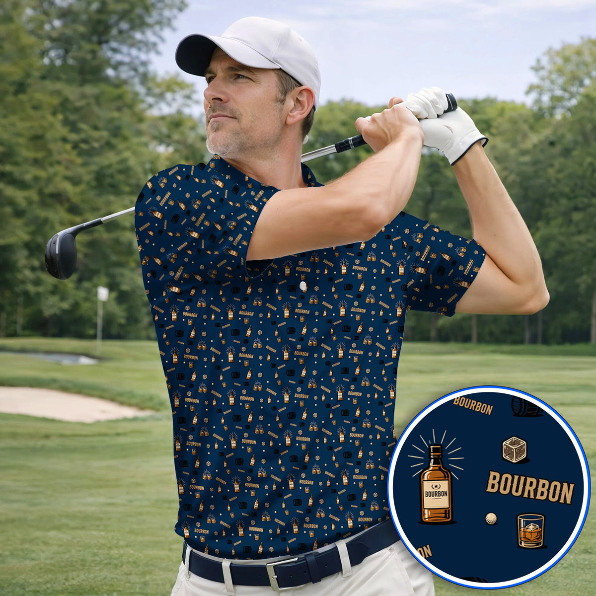 Bourbon Barrel Golf Polos, Whiskey Bottle & Rocks Pattern Shirt, Vintage Drinking Golf Shirt for Golfer