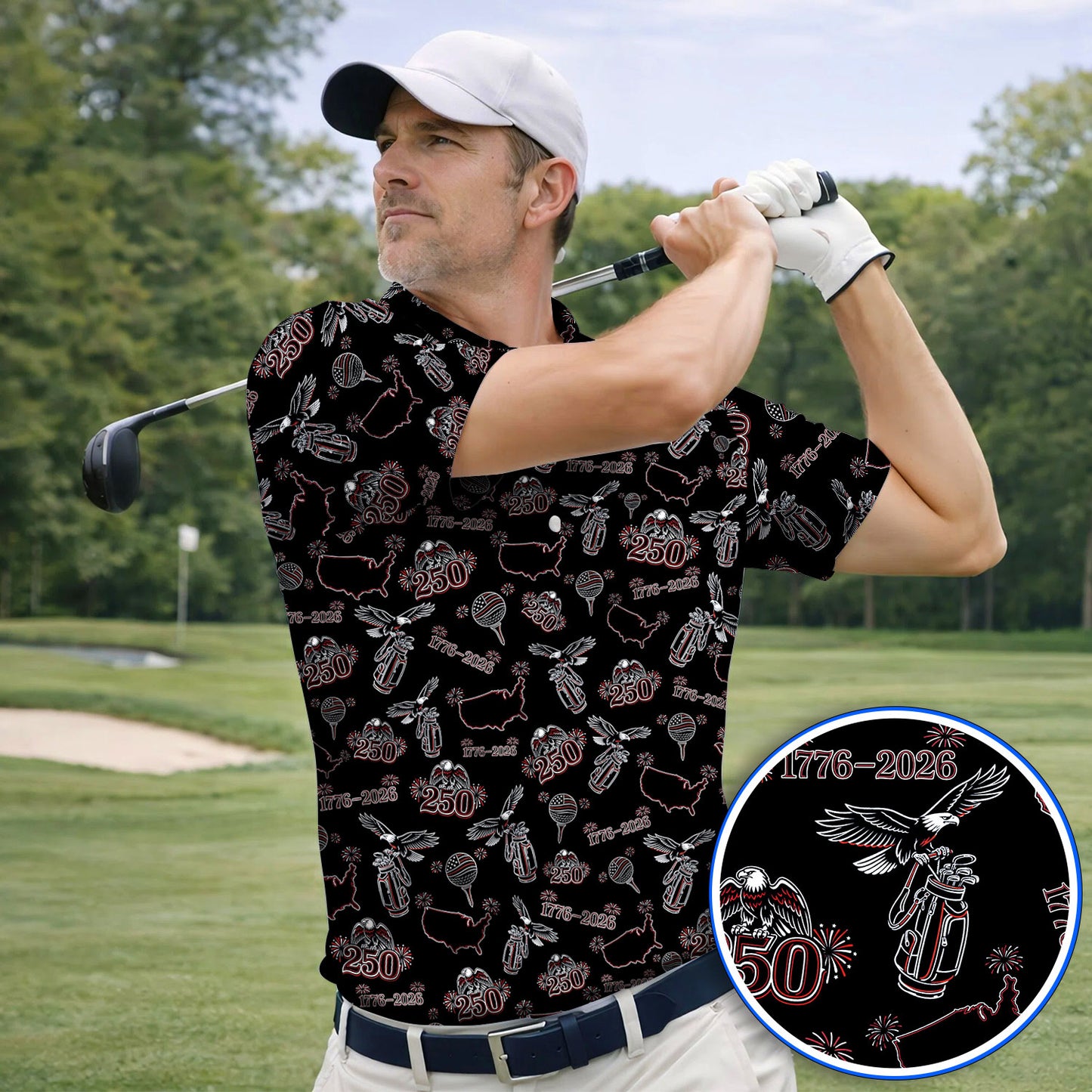 USA Patriotic Eagle Golf Polos, 1776–2026 America 250th Pattern Golf Shirt For Golfer, Crazy Golf Shirt