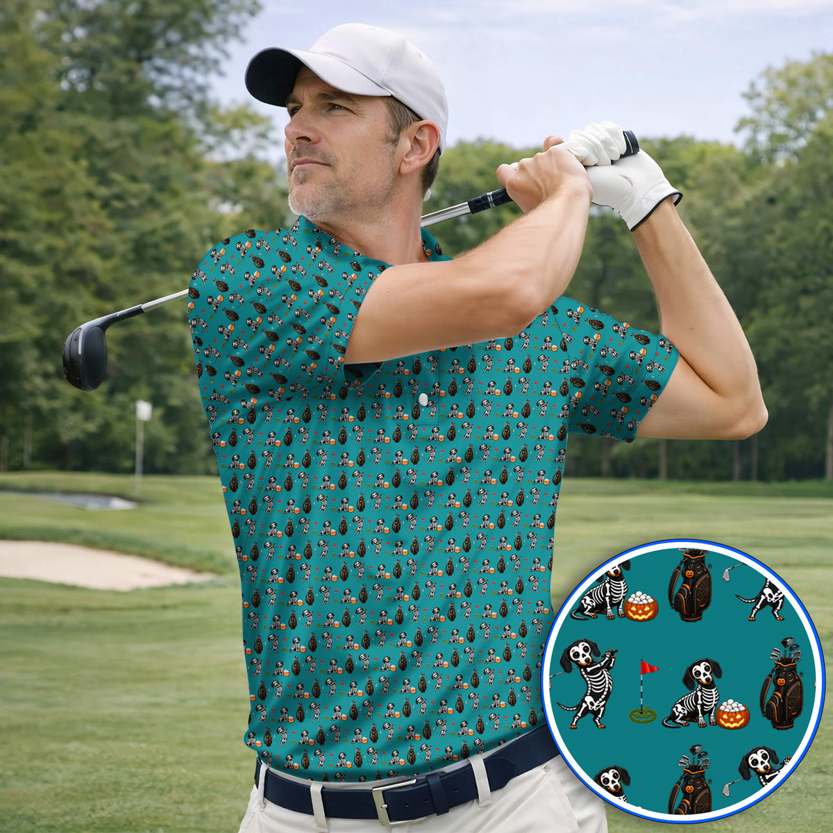 Halloween Dachshund Golf Polos, Skeleton Wiener Dog Pattern Golf Shirt, Funny Golf Gift for Golfer