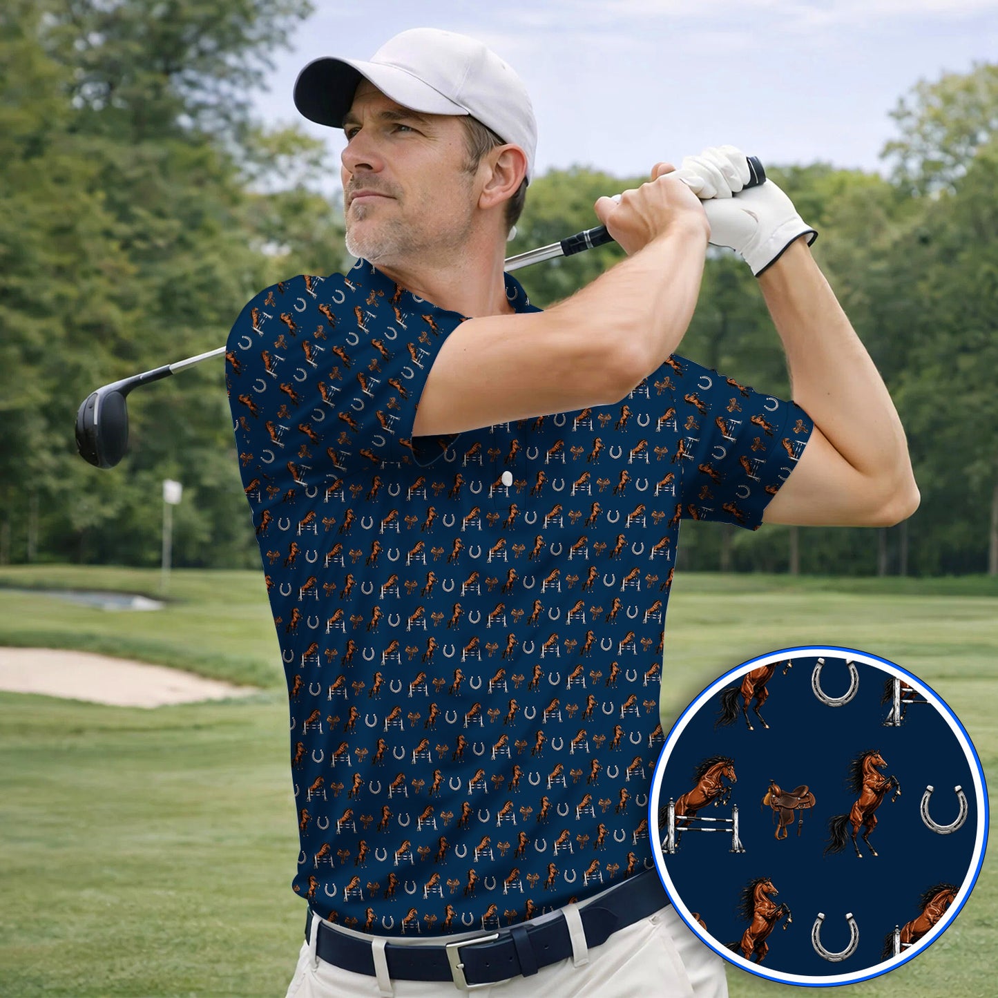 Funny Horse Golf Pattern Shirt, American Quarter Horse Golf Polos, Western Horse Gift for Golfers