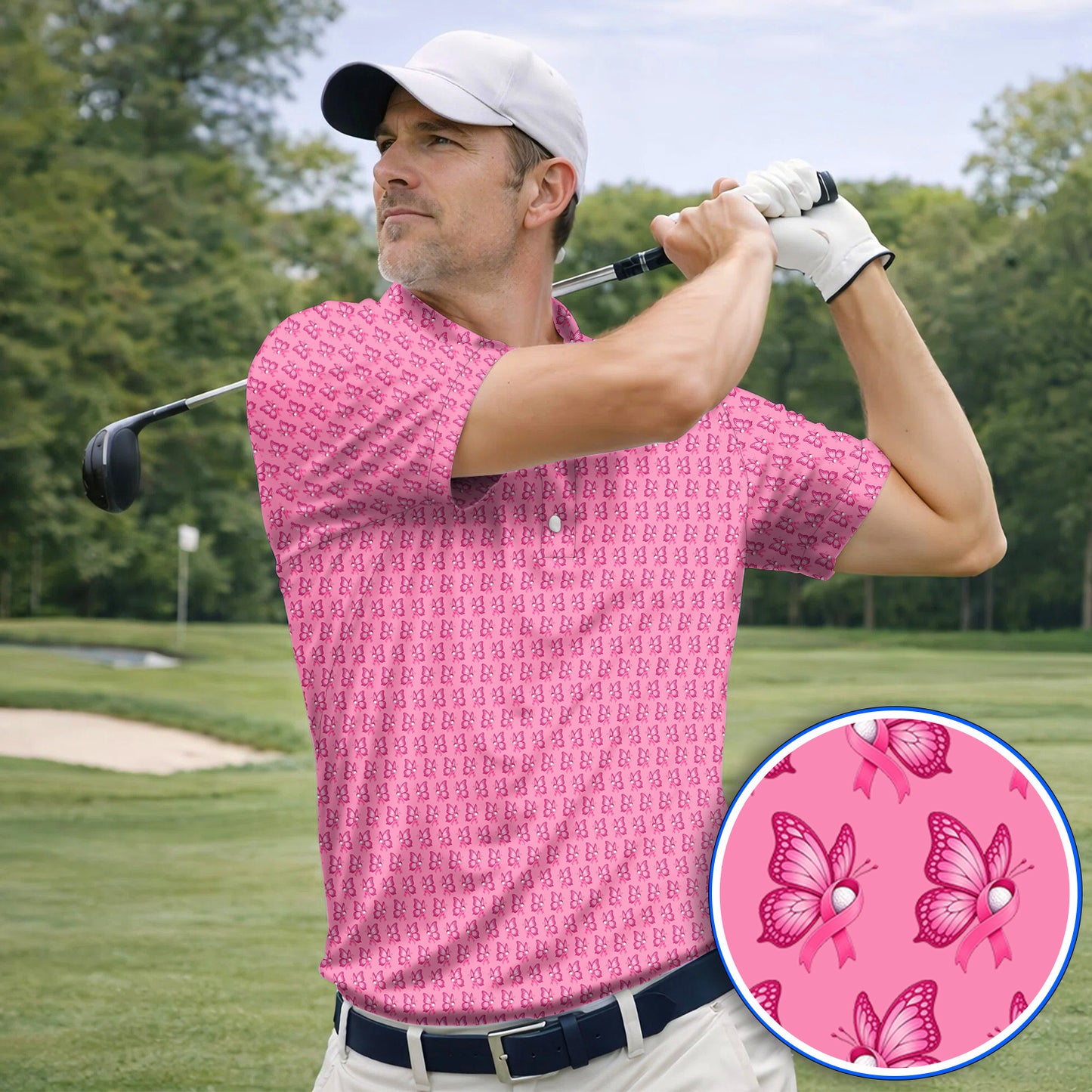 Breast Cancer Awareness Golf Polos, Pink Ribbon Butterfly Golf Shirt for Golf Lovers, Support Cancer Awareness Golf Gift