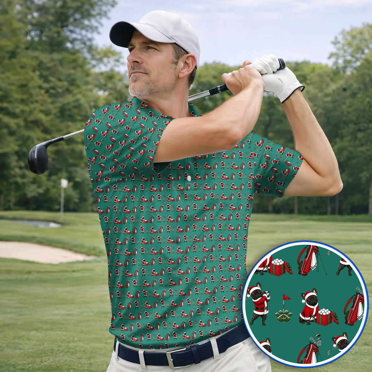 Christmas French BullDog Pattern Golf Polos, Funny Santa French BullDog Holiday Golf Shirt, Xmas Golf Gift For Golfers