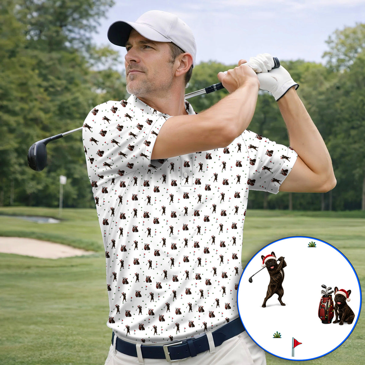 Christmas French BullDog Golfer Polos, Xmas French BullDog Golf Pattern Shirt, Holiday Golf Gift for Golfers