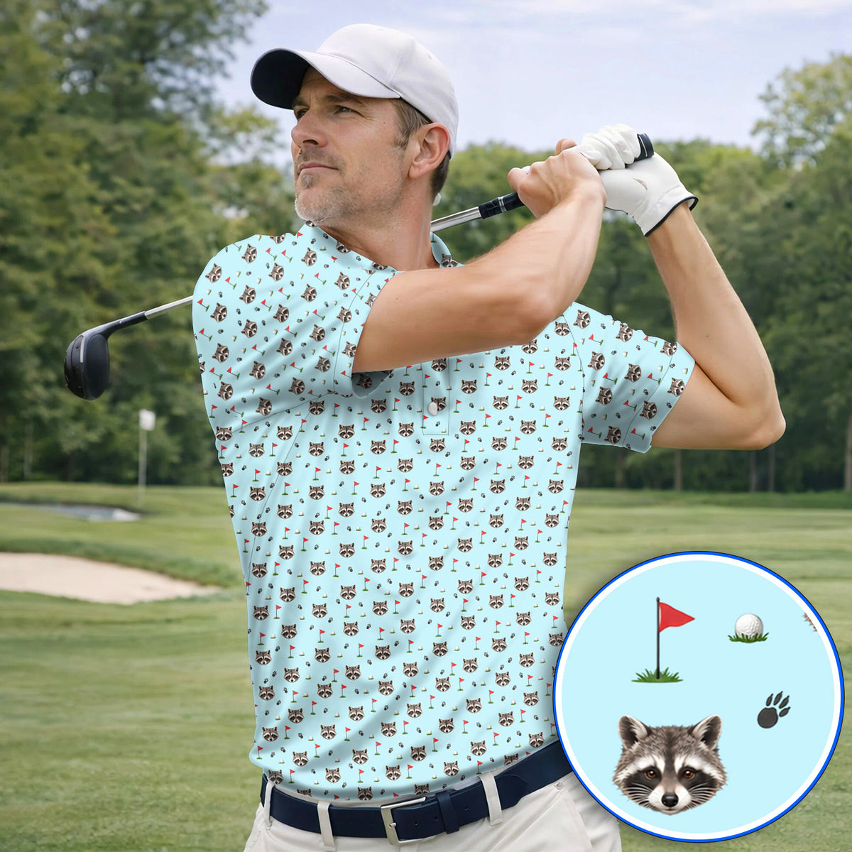 Funny Raccoon Golf Polos, Raccoon Pattern Golf Shirt, Golf Gift For Golfers