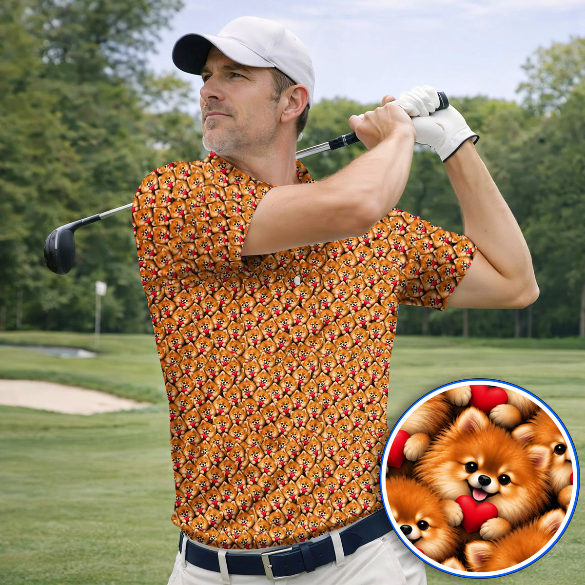 Cute Pomeranian Hearts Pattern Golf Polos, Funny Golf Shirt For Dog Lovers, Golf Gift For Golfers