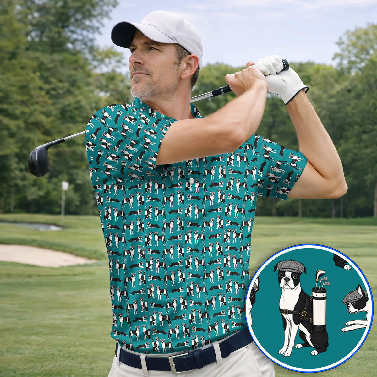 Boston Terrier Pattern Golf Polos, Boston Terrier Golf Shirt, Funny Golf Gift For Golfer