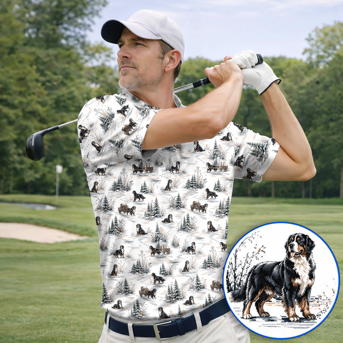 Bernese Mountain Pattern Golf Polos, Snowy Bernese Dog Golf Shirt, Dog Lover Golf Gift