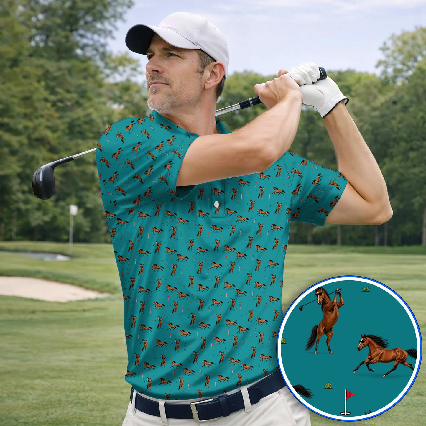 Crazy Horse Golf Pattern Polos, American Quarter Horse Golf Shirt, Western Horse Gift for Golfers