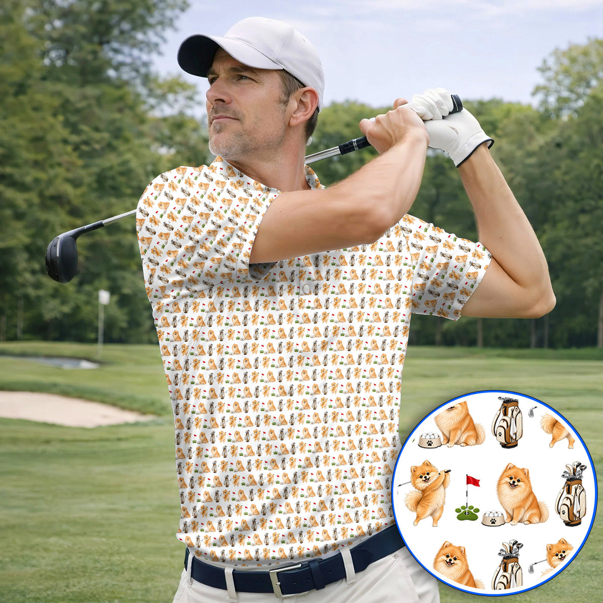 Pomeranian Pattern Golf Polos, Pomeranian Dog Golf Shirt, Golf Gift For Golfer