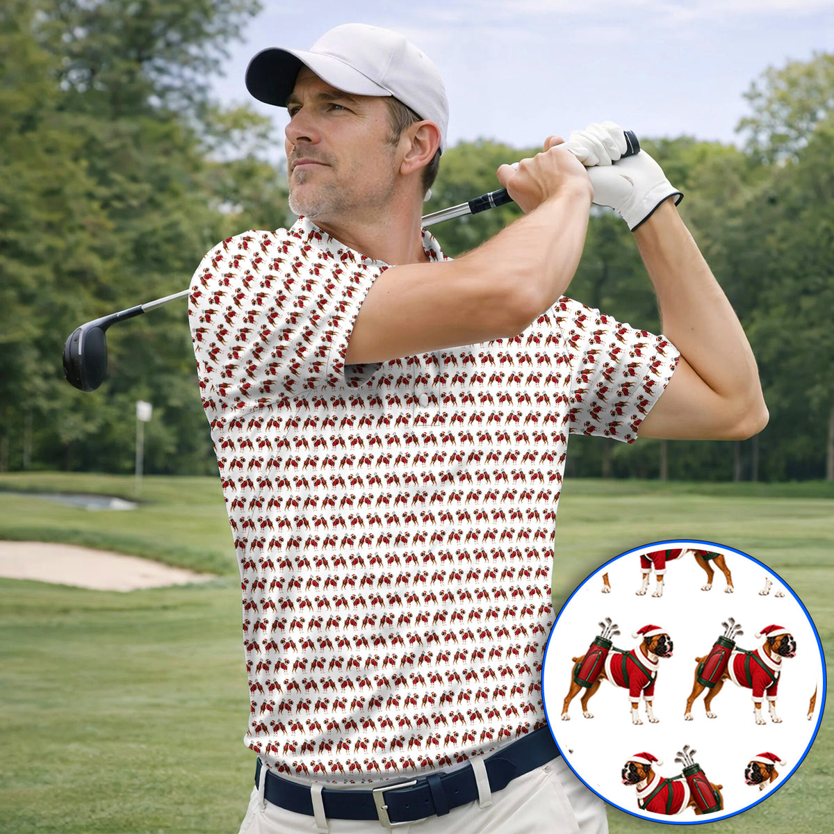 Boxer Dog Christmas Pattern Golf Polos, Santa Boxer Golf Shirt, Boxer Lover Holiday Golf Gift For Golfer