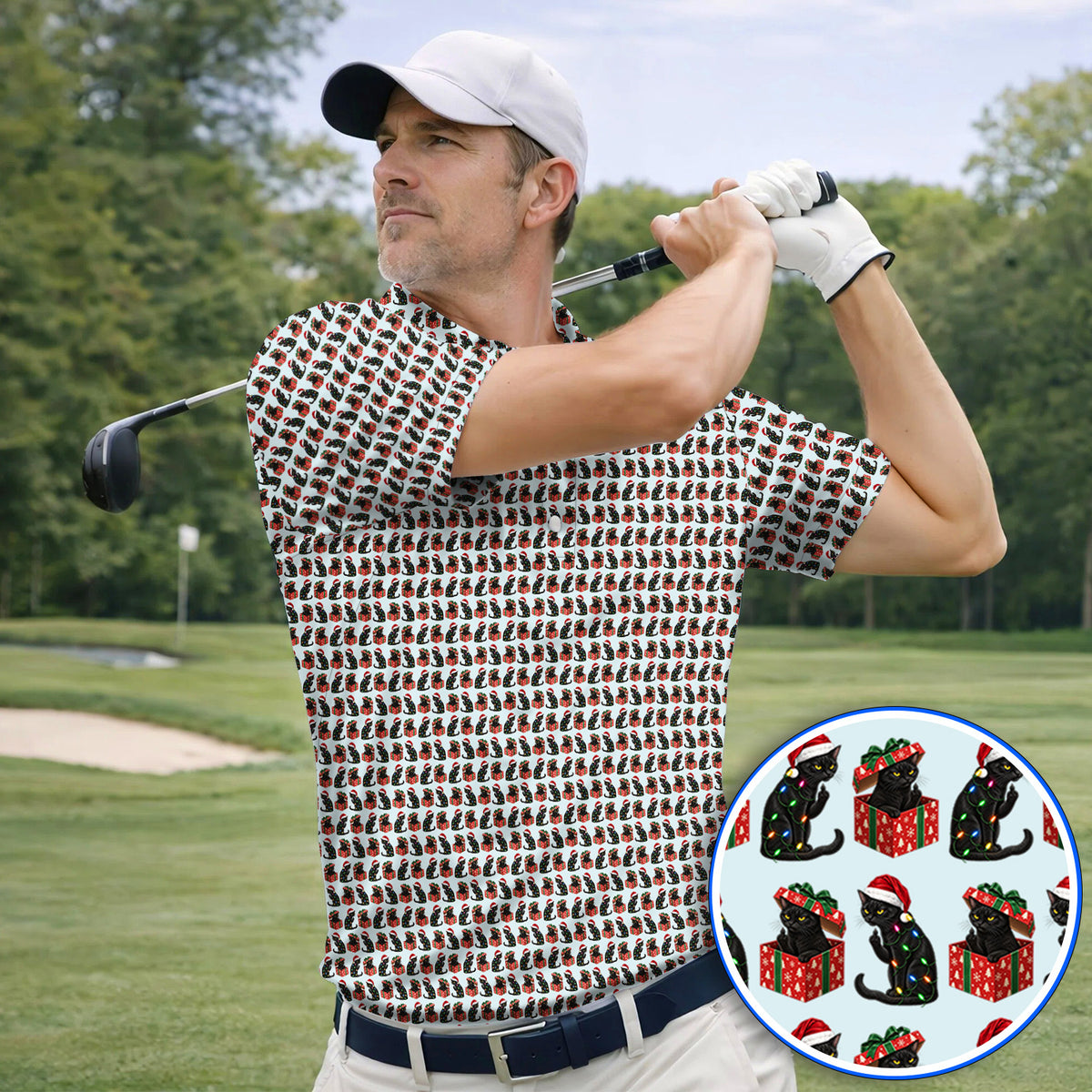 Black Cat Christmas Pattern Golf Polos, Funny Christmas Cat Golf Shirt, Holiday Gift for Cat Lovers