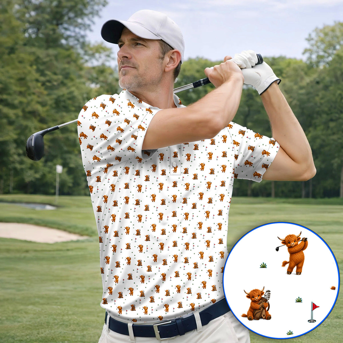 Highland Cow Swing Polos, Highland Cow Golfer Shirt, Crazy Golf Gift For Golfer