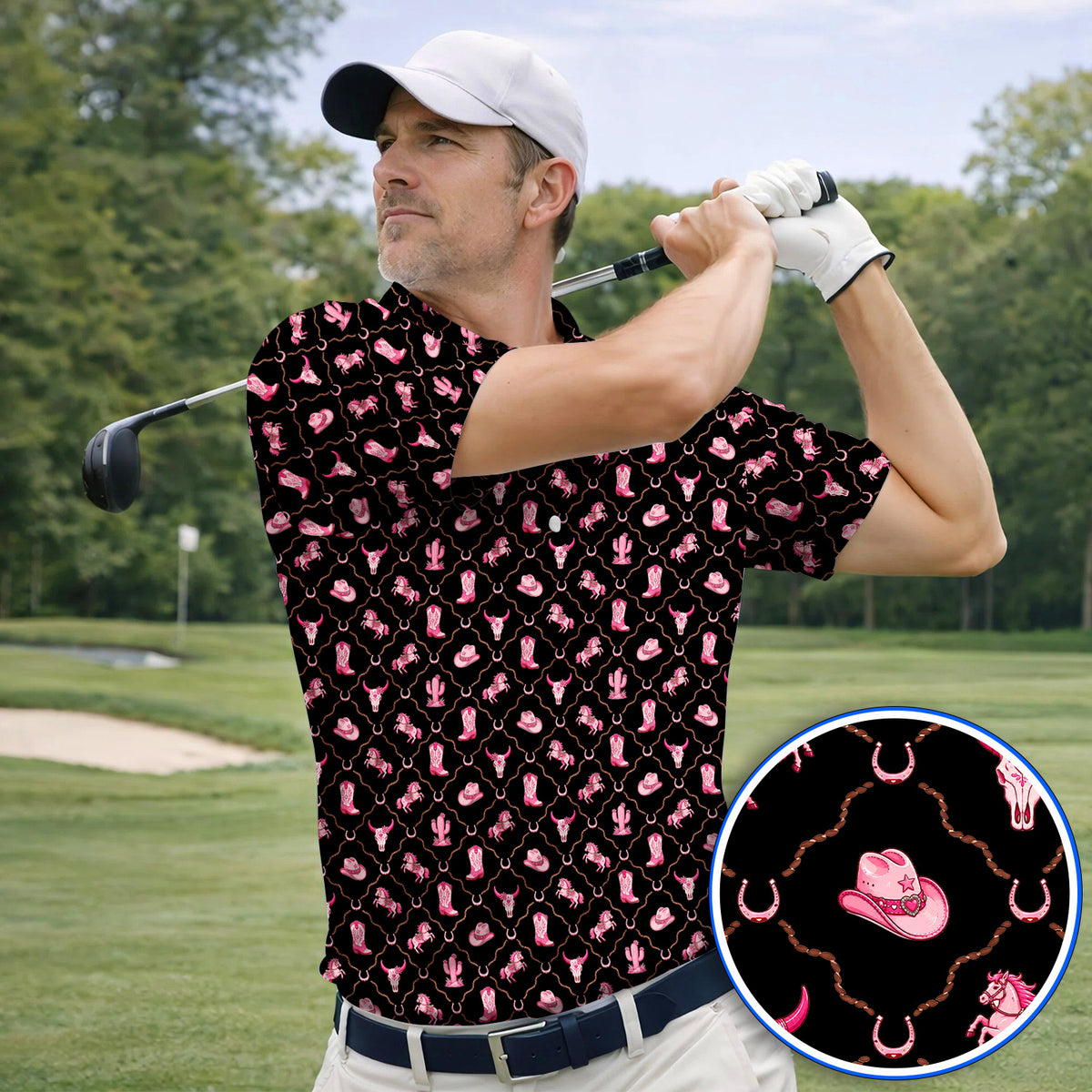 Pink Cowgirl Golf Shirt, Western Rodeo Pattern Golf Polos, Funny Golf Gift For Golfers