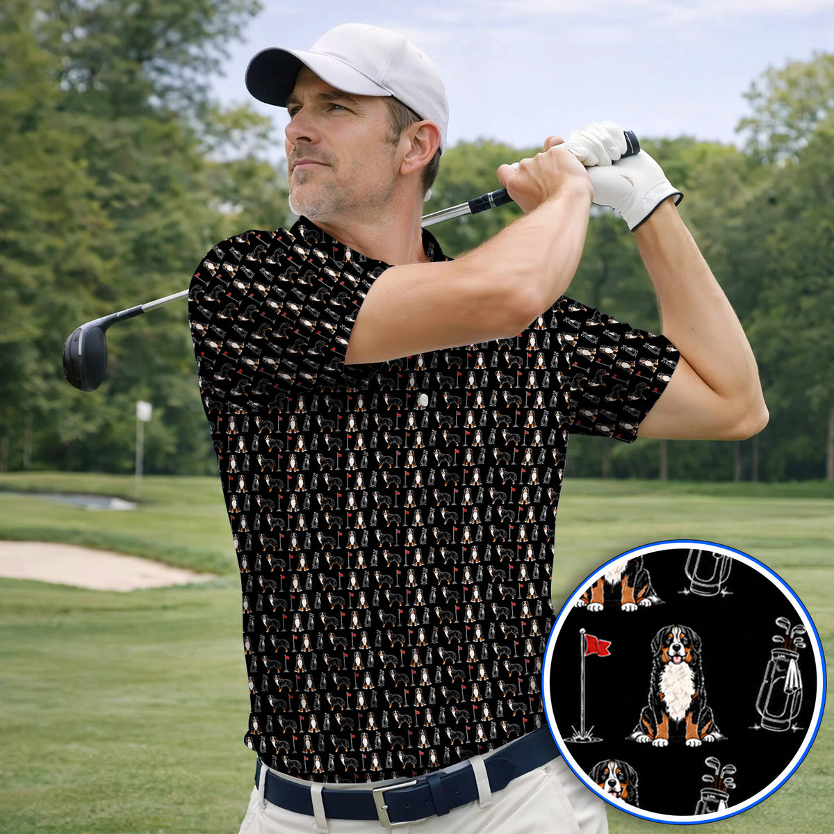 Bernese Mountain Dog Golf Pattern Shirt, Funny Bernese Golf Polos, Dog Lover Golf Gift