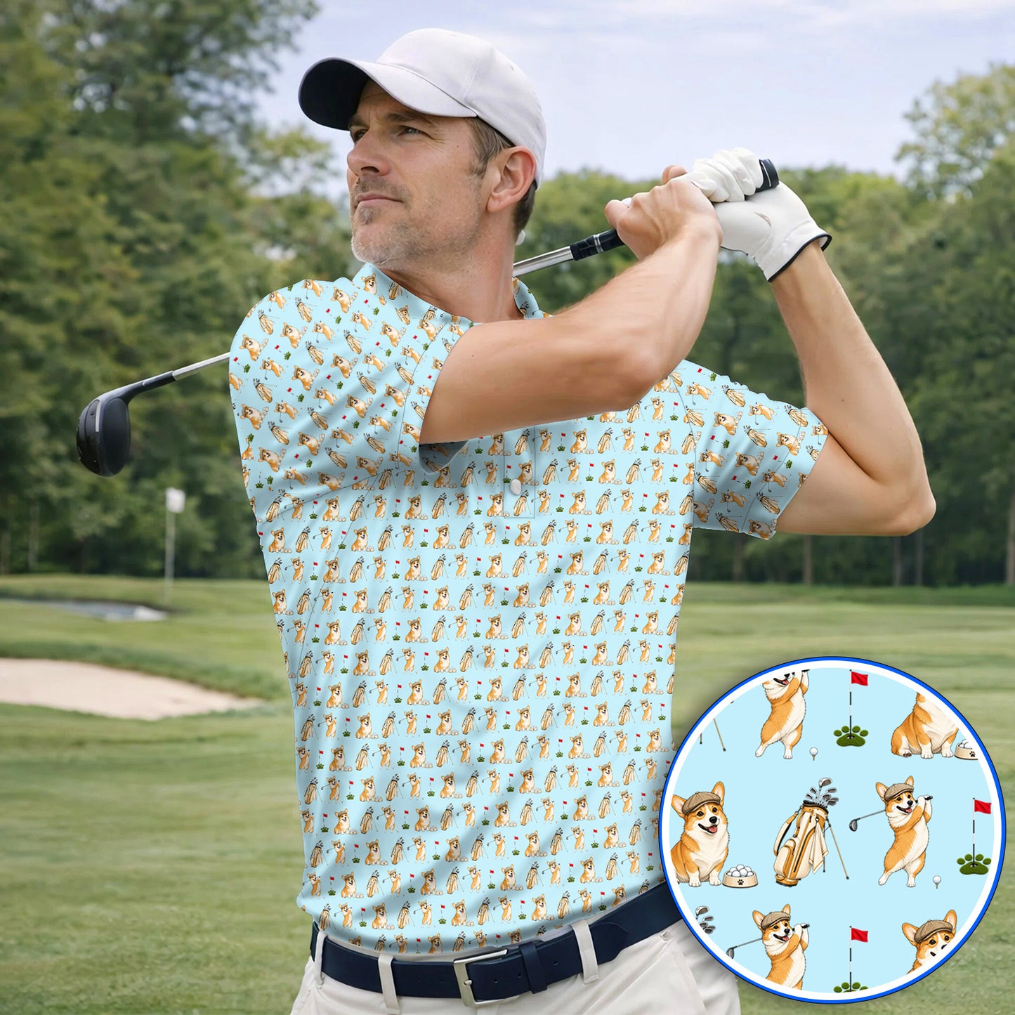 Funny Corgi Golf Shirt, Corgi Pattern Golf Polos, Dog Lover Golf Gift