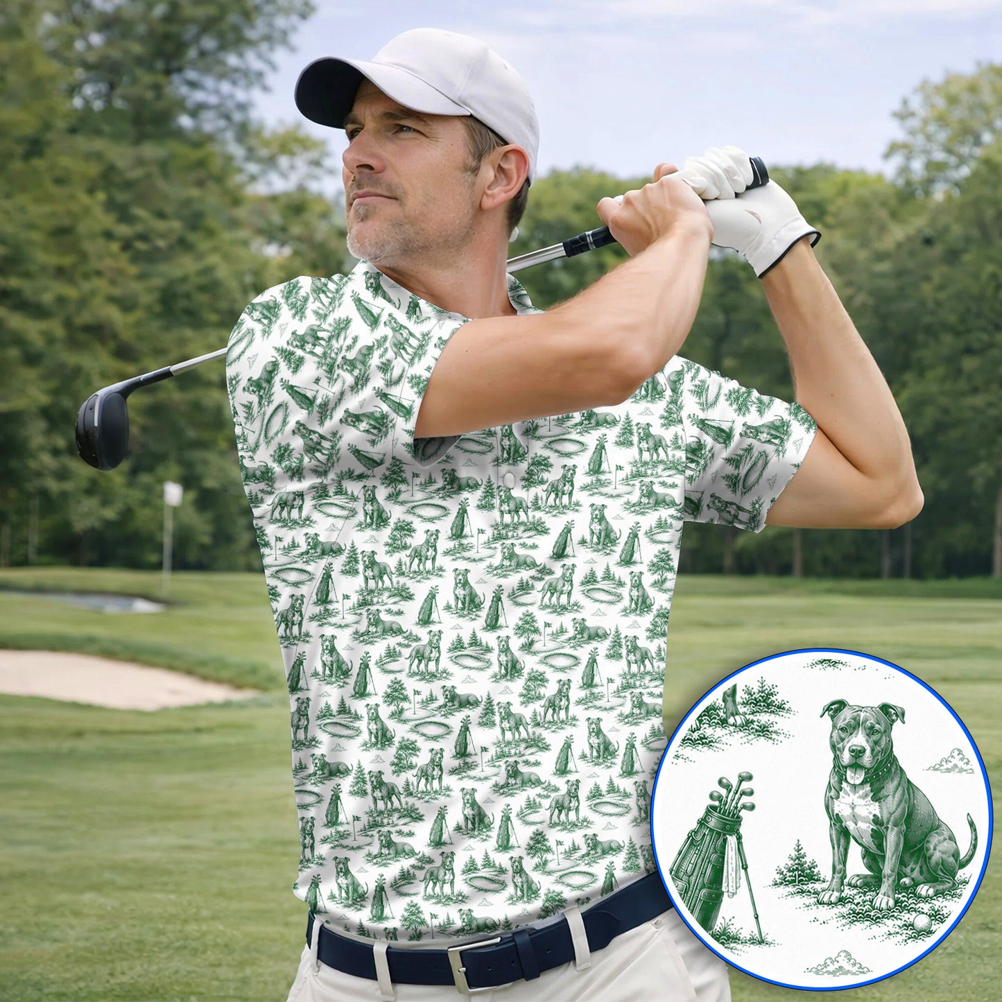 Crazy Pit Bull Golf Polos For Golfer, Toile de Jouy Pit Bull Pattern Golf Shirt, Dog Lover Golf Gift