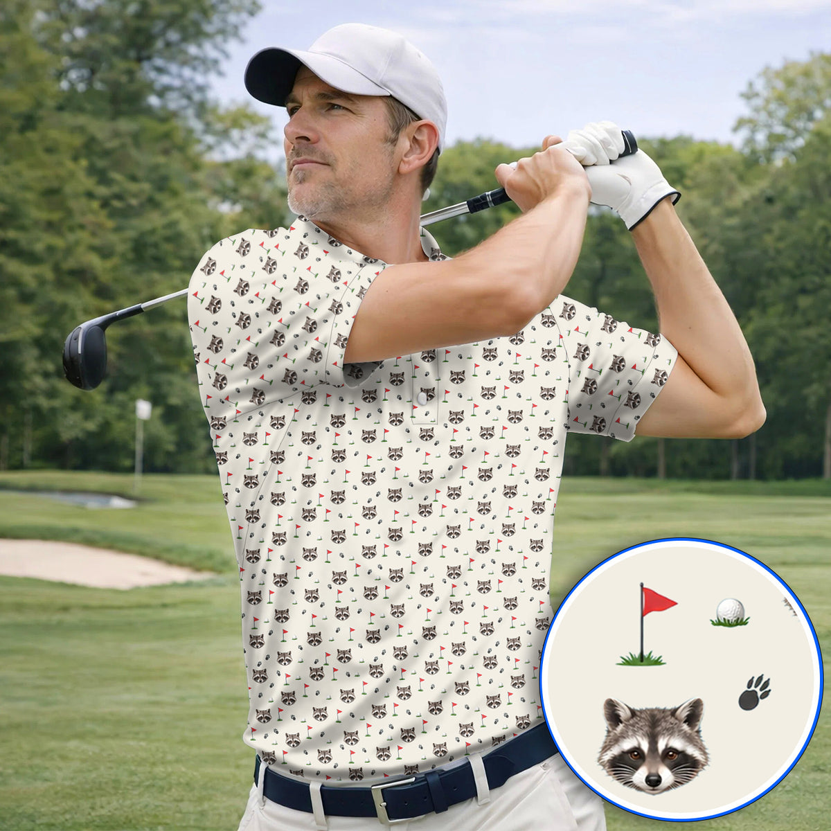 Funny Raccoon Golf Polos, Raccoon Pattern Golf Shirt, Golf Gift For Golfers