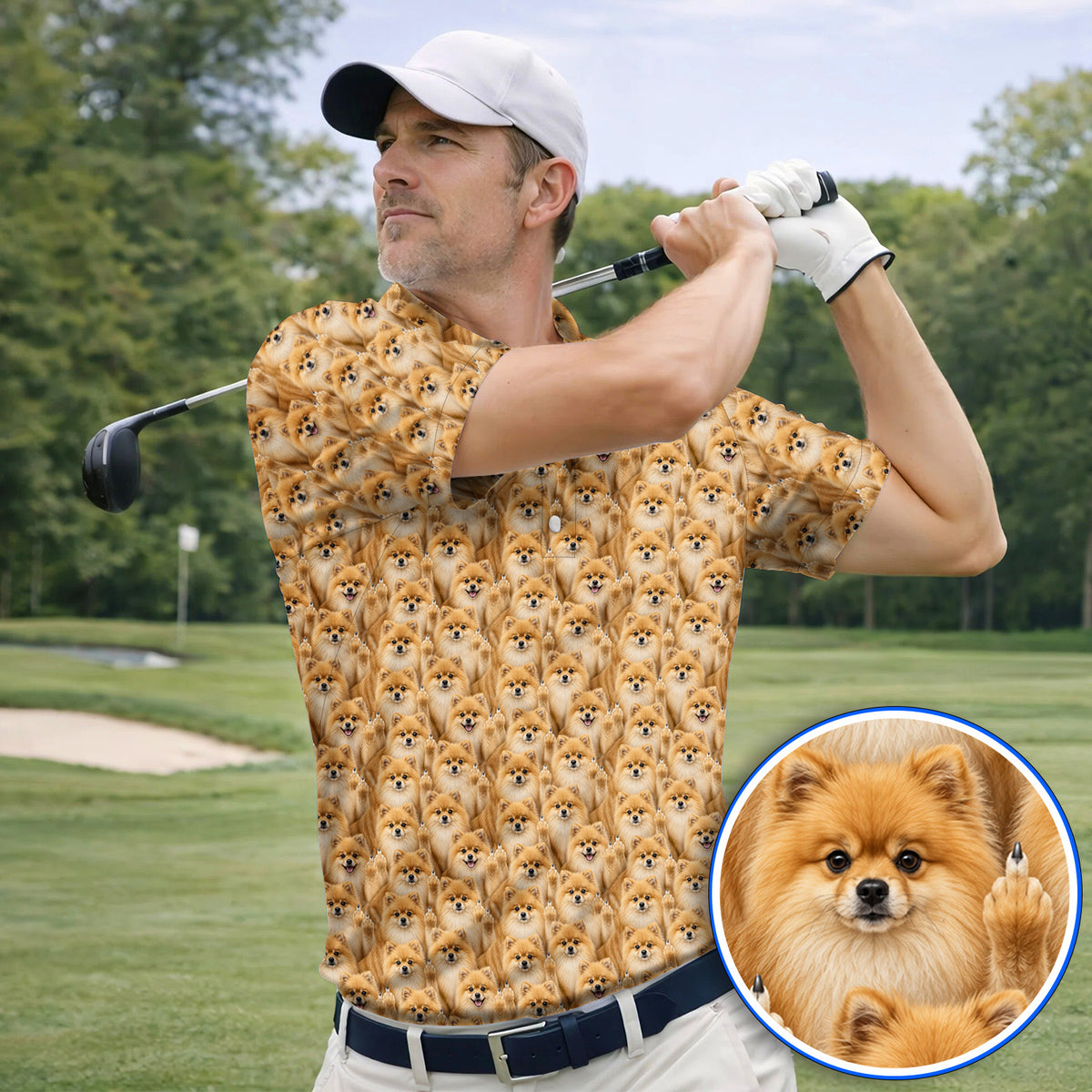 Crazy Pomeranian Pattern Golf Polos, Pomeranian Dog Golf Shirt, Golf Gift For Golfer