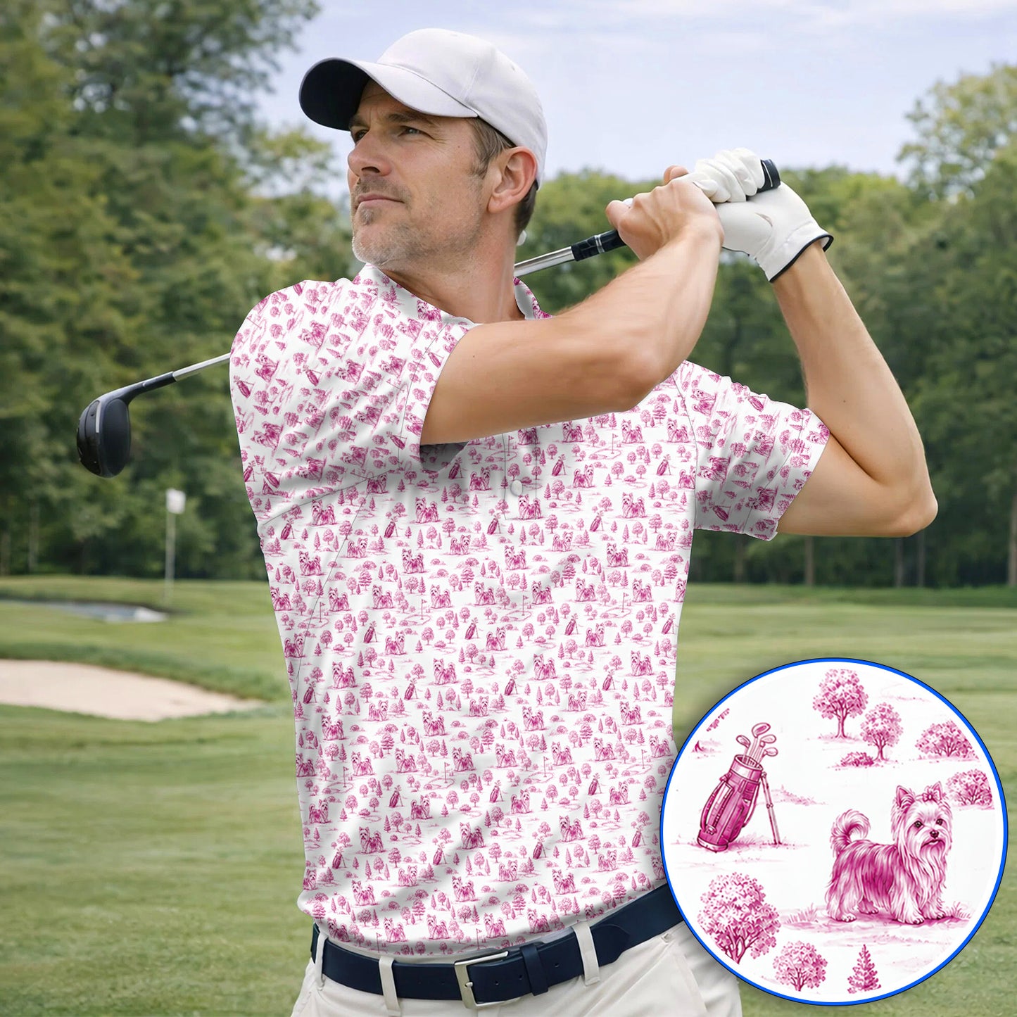Yorkshire Terrier Toile De Jouy Golf Polos, Yorkie Pattern Golf Shirt, Golf Gift For Golfer